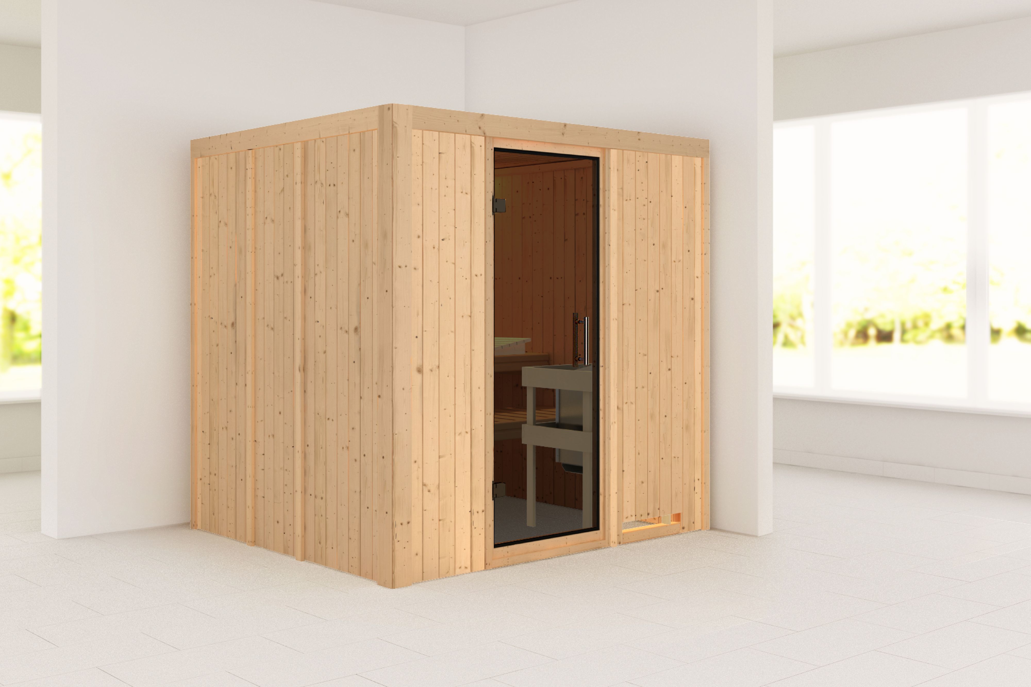 Außenansicht der Karibu Sauna Sodin aus nordischer Fichte mit graphitfarbener Ganzglastür und Fronteinstieg