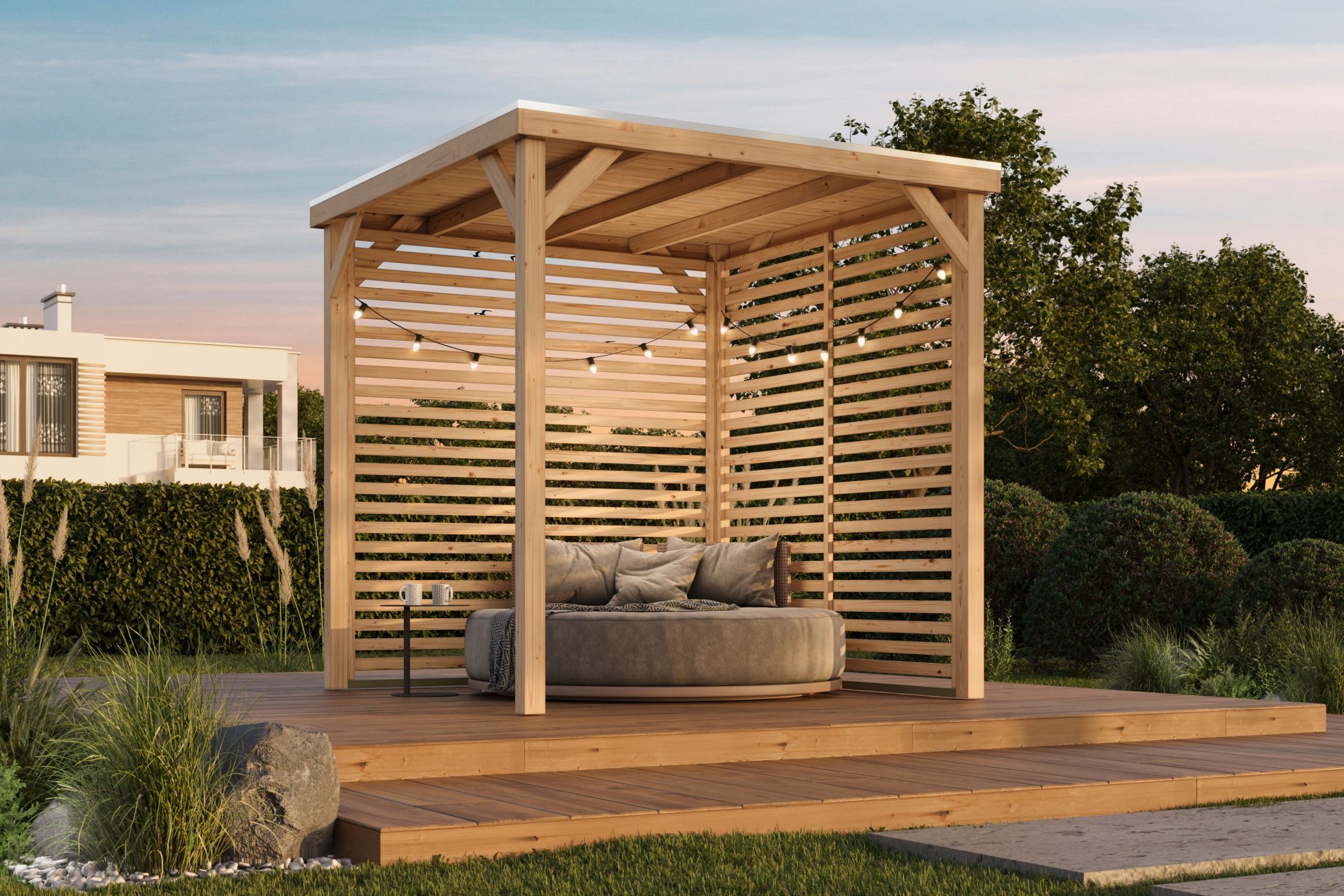 Karibu Cubeco Pavillon aus Leimholz mit Flachdach im Garten als Ambiente-Ansicht
