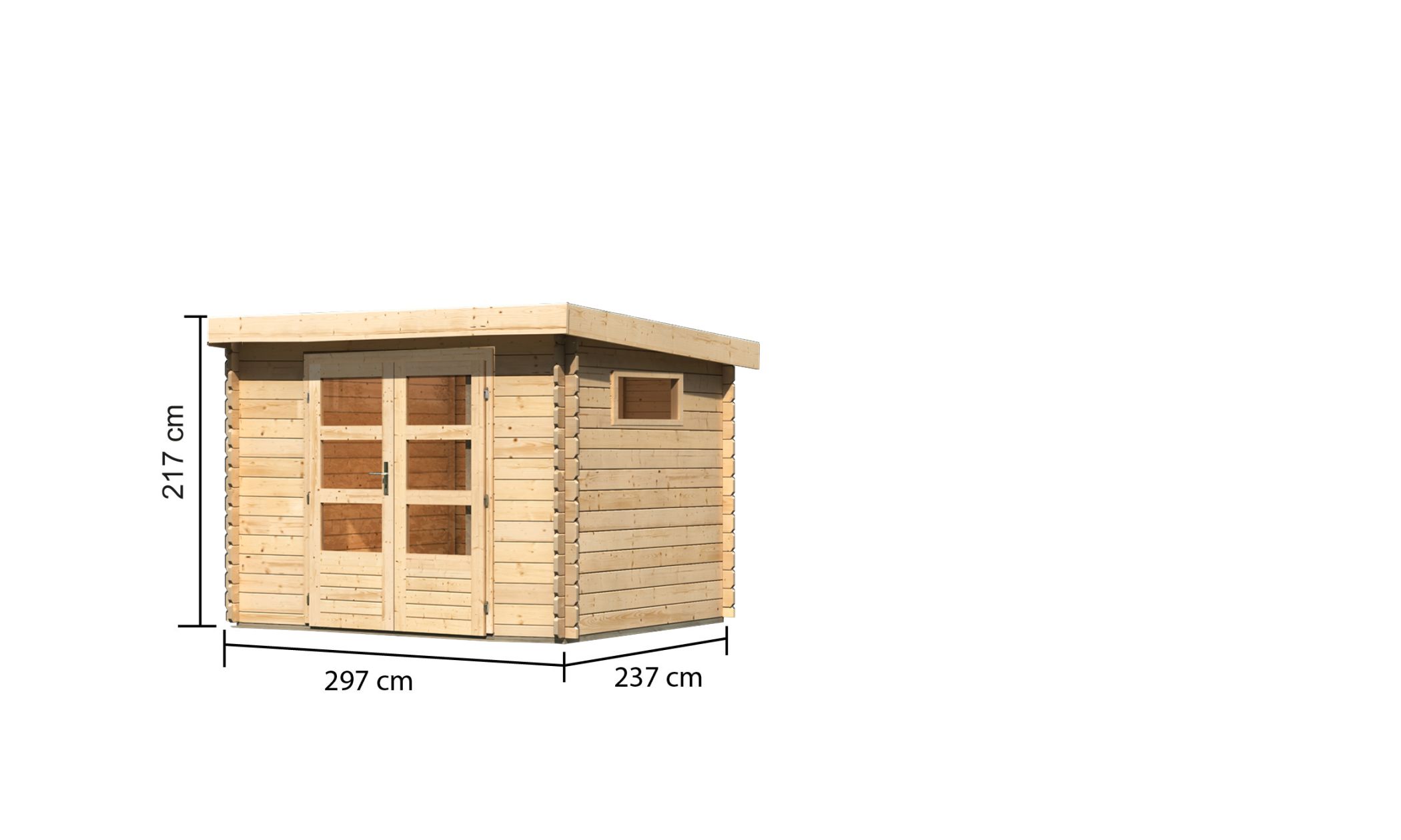 Bemaßte Maßzeichnung des Karibu Gartenhaus Benstrup 3 mit Bemaßung