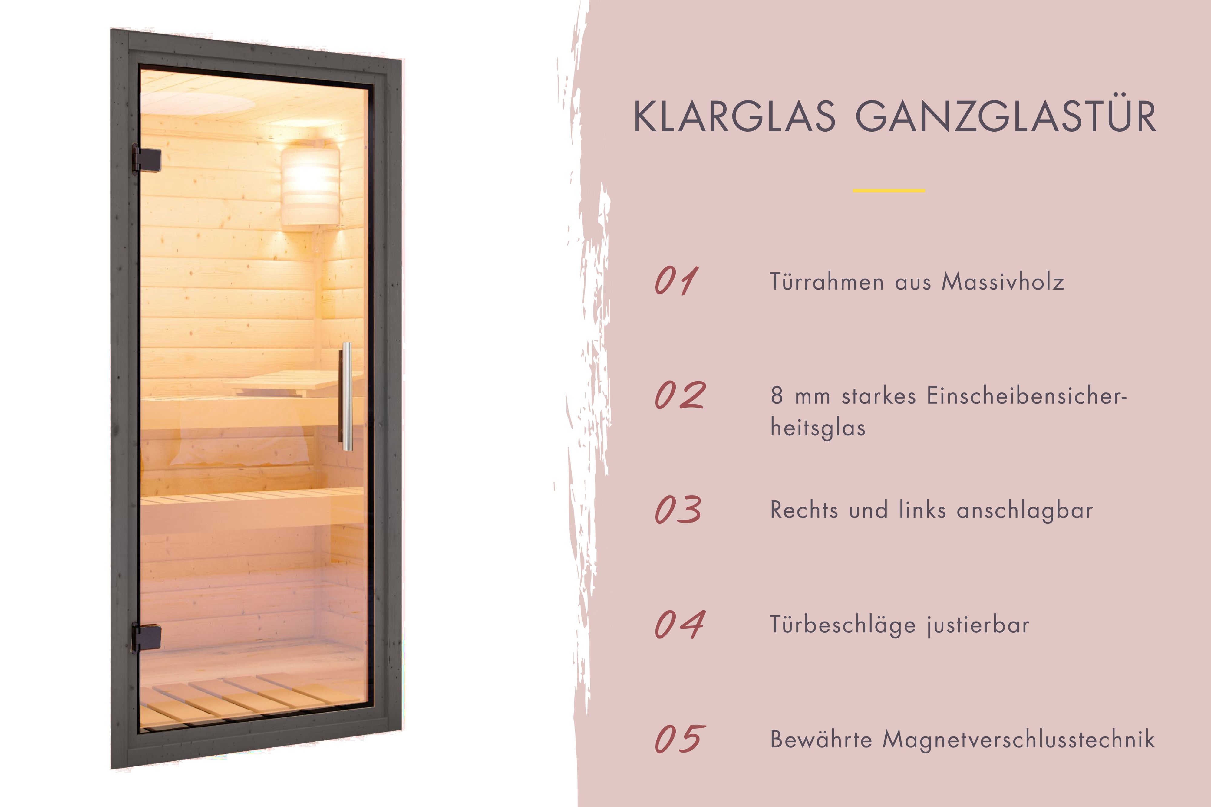 Hochwertige Saunatür aus 8 mm Sicherheitsglas mit Massivholzrahmen für Karibu Saunen