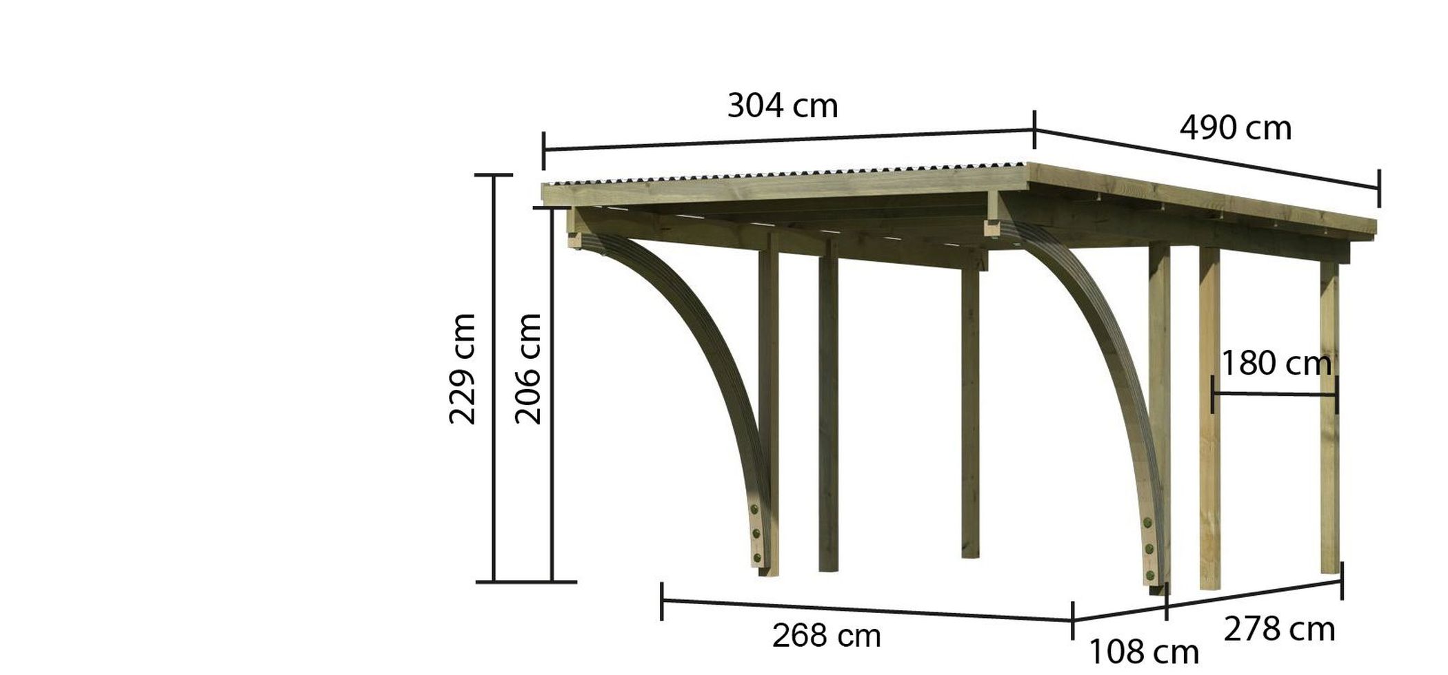 Maßzeichnung des Karibu Einzelcarport BASIC 1 mit Dachmaß 304 × 490 cm und Durchfahrtshöhe 206 cm