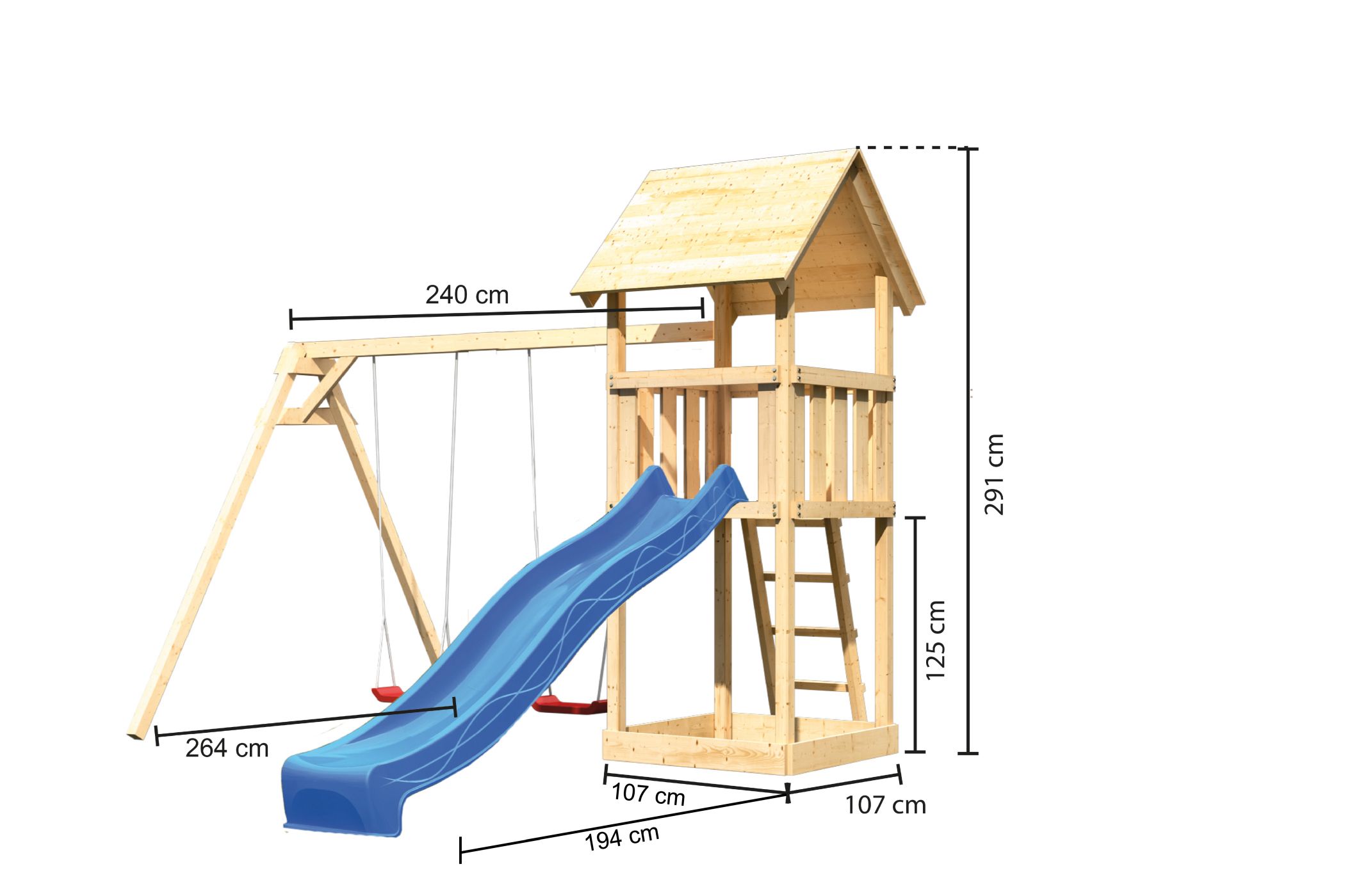 Maßzeichnung des AKUBI Spielturm Lotti mit Bemaßung von Grundfläche und Höhe