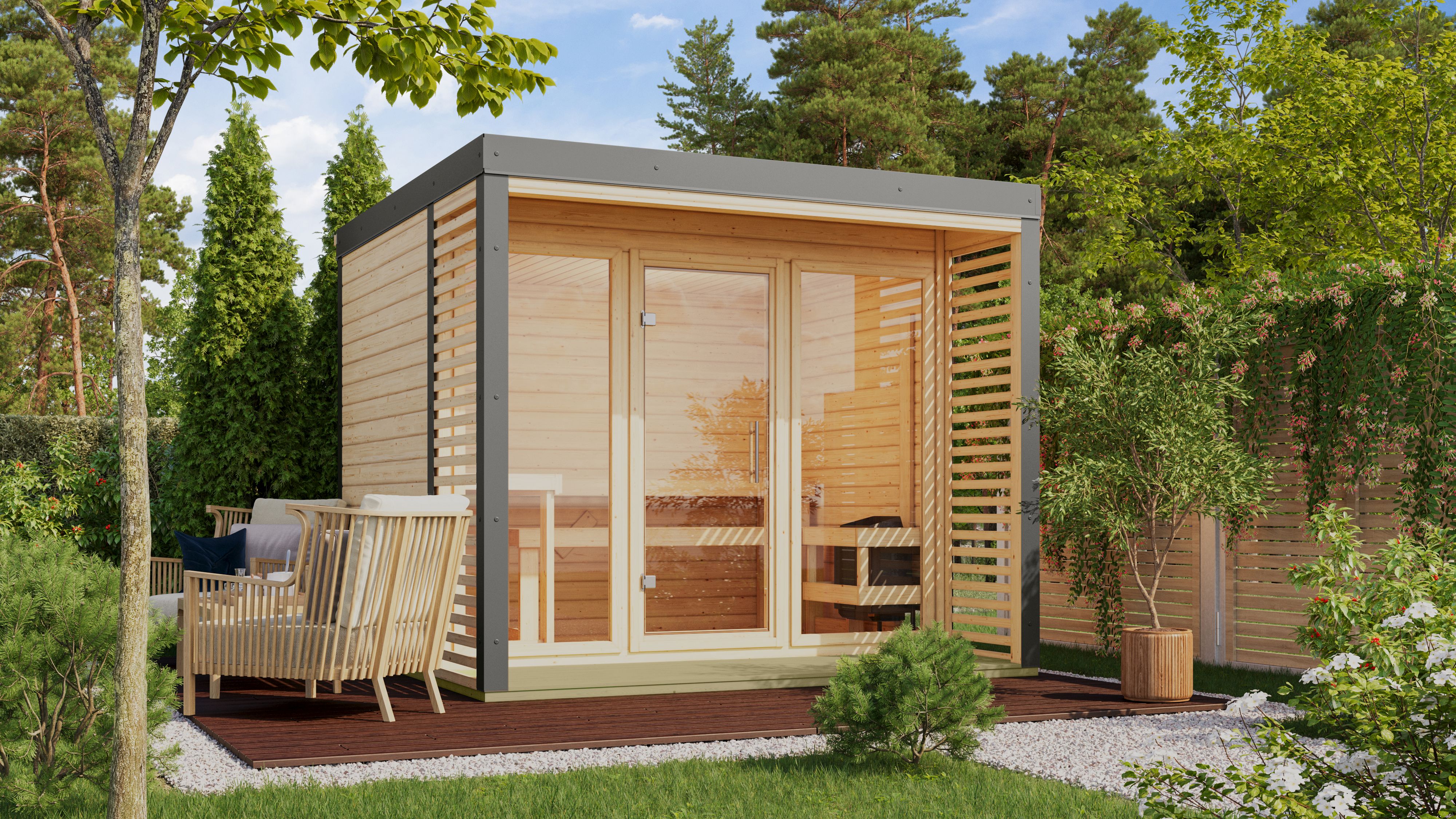 Karibu Saunahaus Ares 3 als Gartensauna aus Massivholz im Garten mit Glasfront