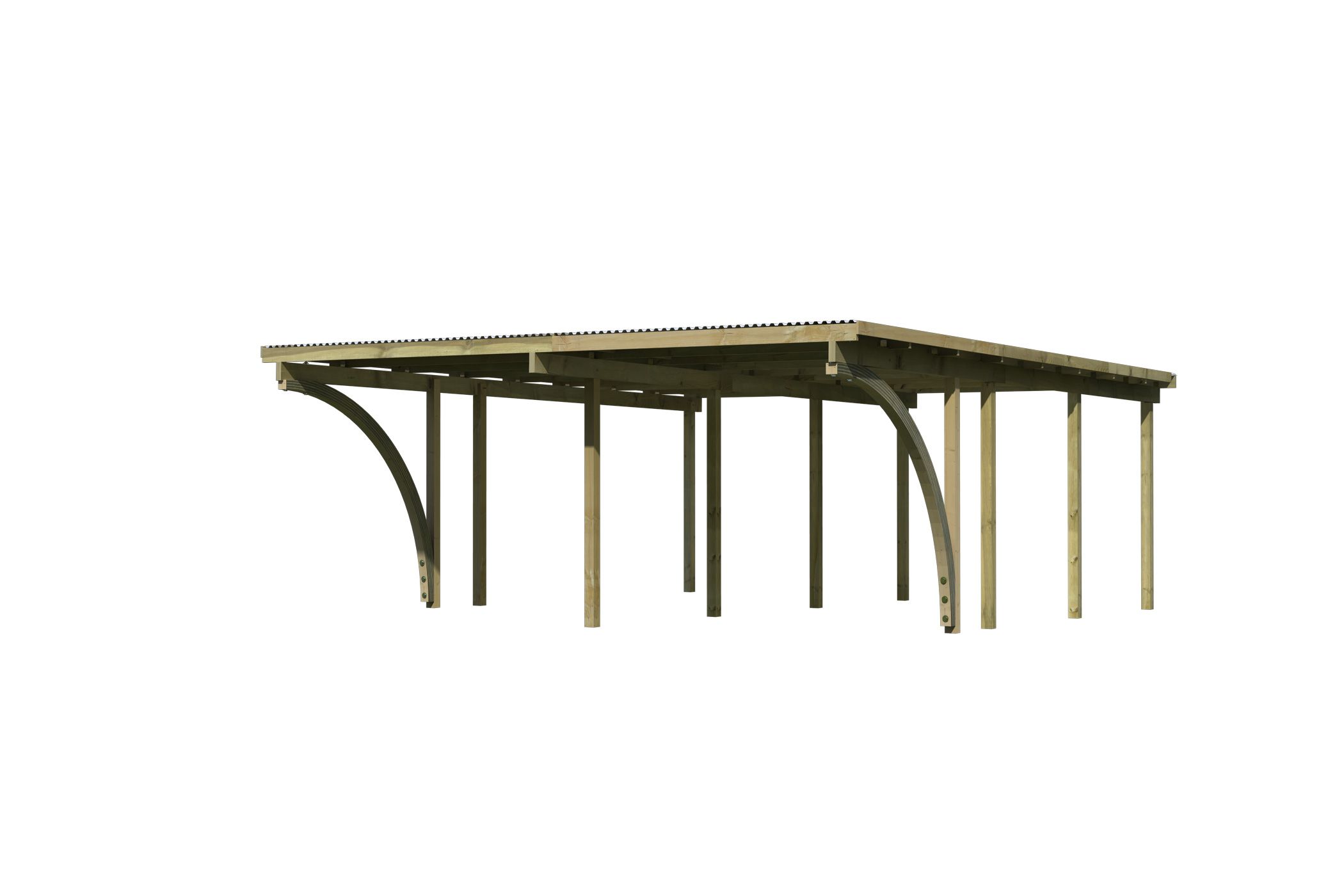 Karibu Doppelcarport BASIC 2 aus KDI-Massivholz mit Flachdach im Garten aufgebaut