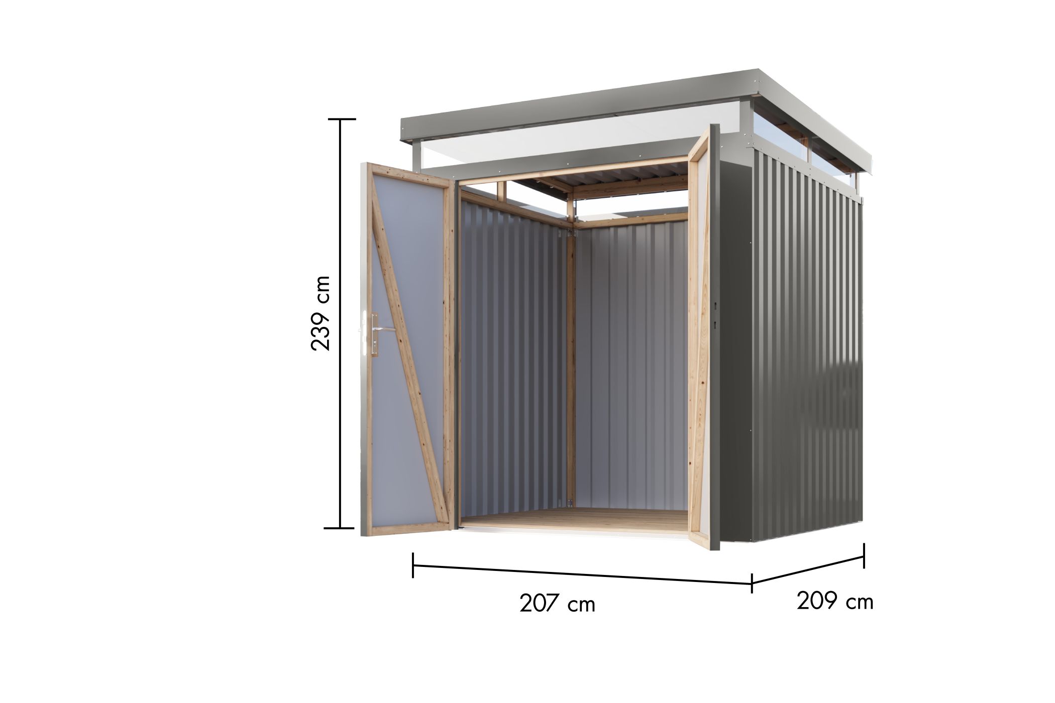Bemaßte Maßzeichnung des Karibu Gerätehaus aus Metall Aurum 2, 207 × 209 cm