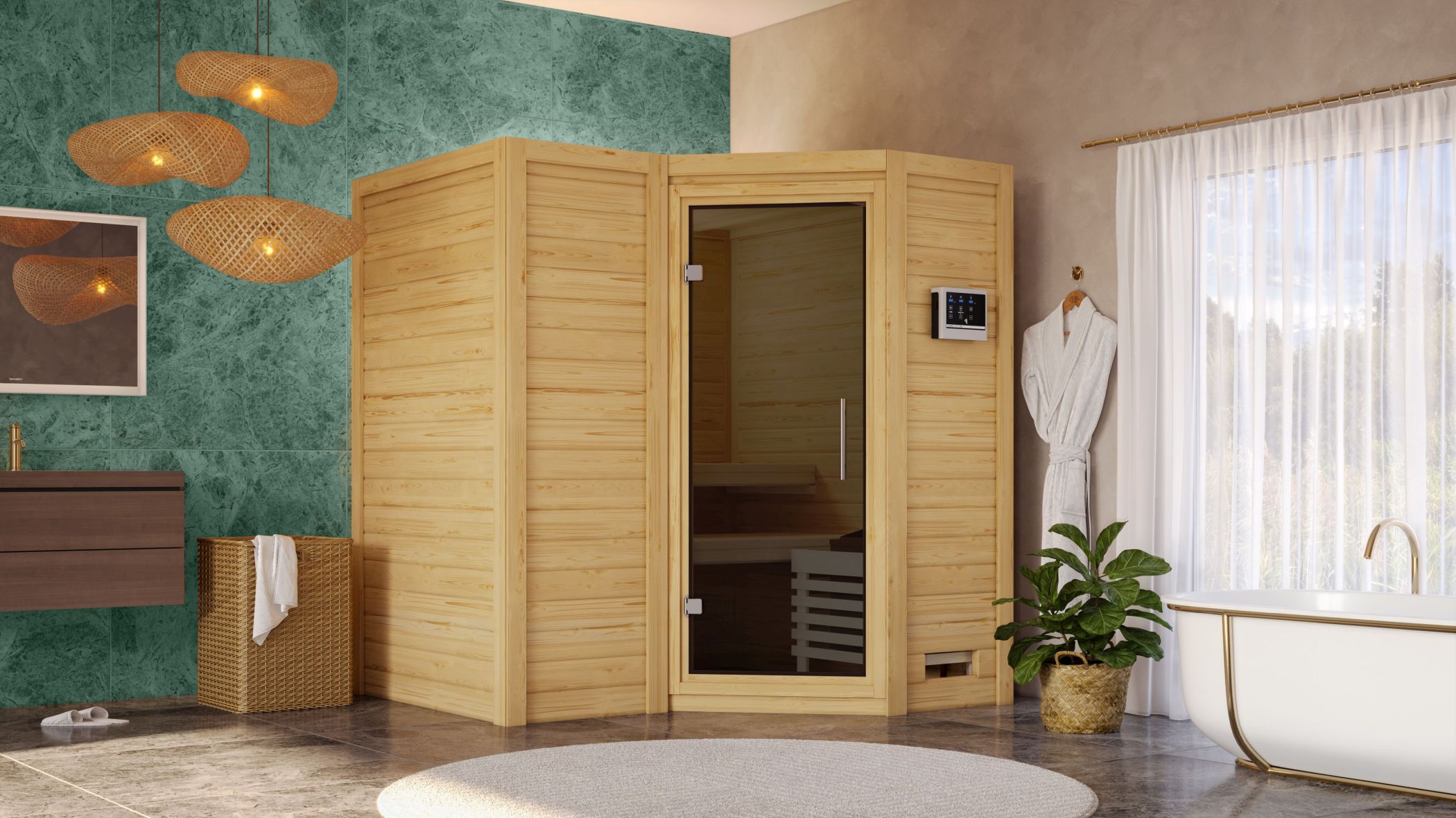 Karibu Sauna Sahib 1 als hochwertige Sauna aus nordischer Fichte im Wohnraum-Ambiente