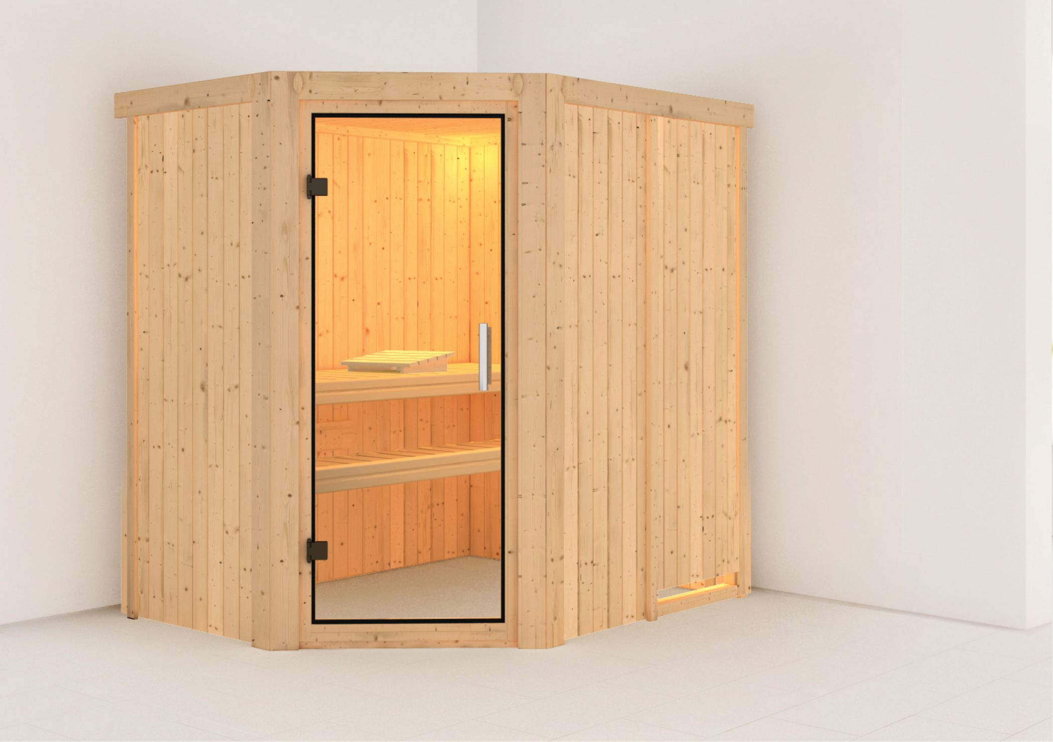 Außenansicht der Karibu Sauna Saja aus nordischer Fichte mit Klarglas-Ganzglastür und Fronteinstieg