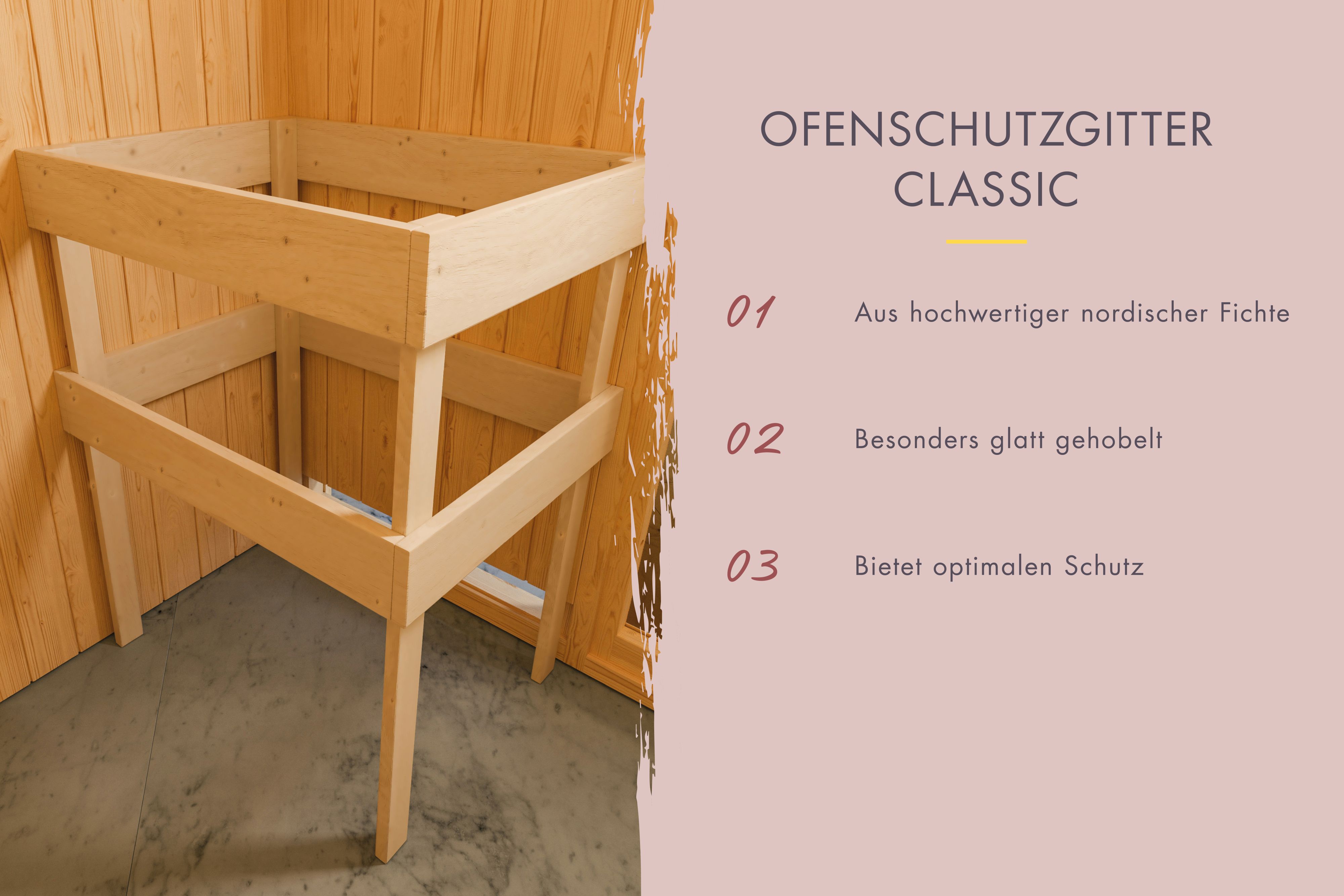 Ofenschutzgitter aus nordischer Fichte als Schutz vor dem Saunaofen einer Karibu Sauna