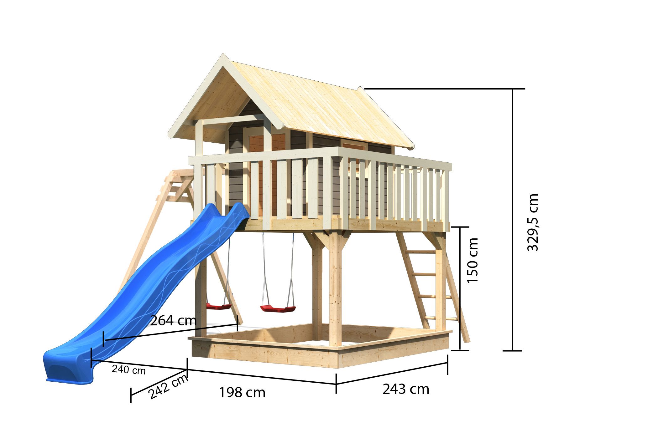 Maßzeichnung des AKUBI Spielturm Fidel mit Bemaßung von Grundfläche und Höhe