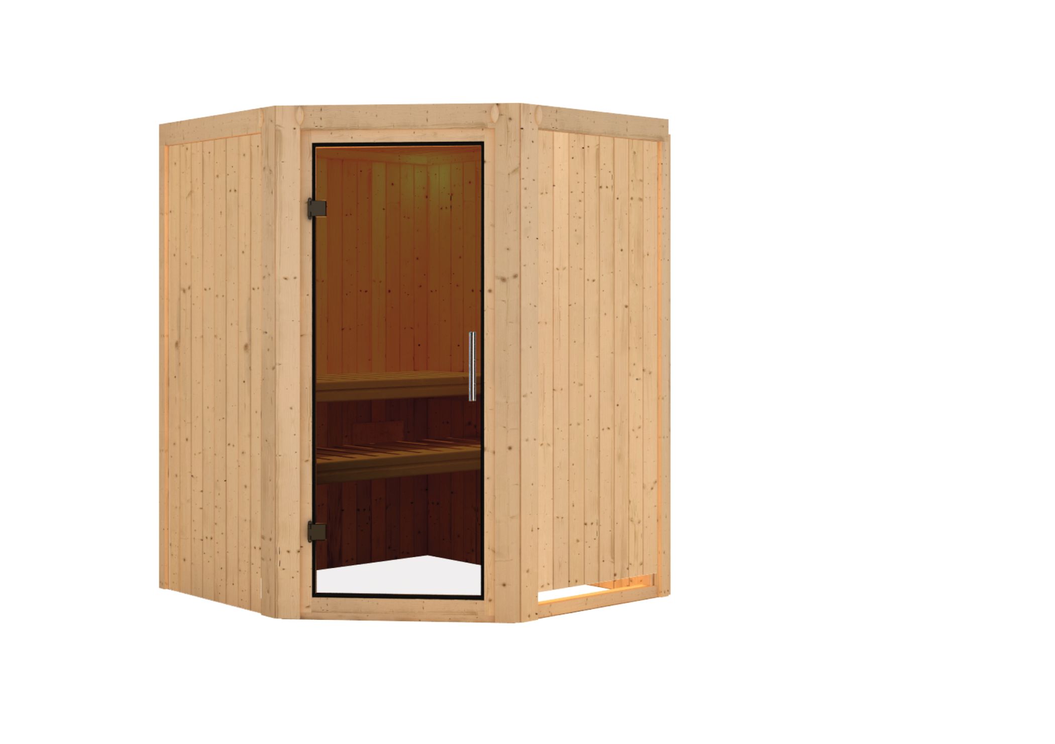 Innenansicht der Karibu Sauna Nanja mit Liegen und Kopfstütze aus hellem Espenholz