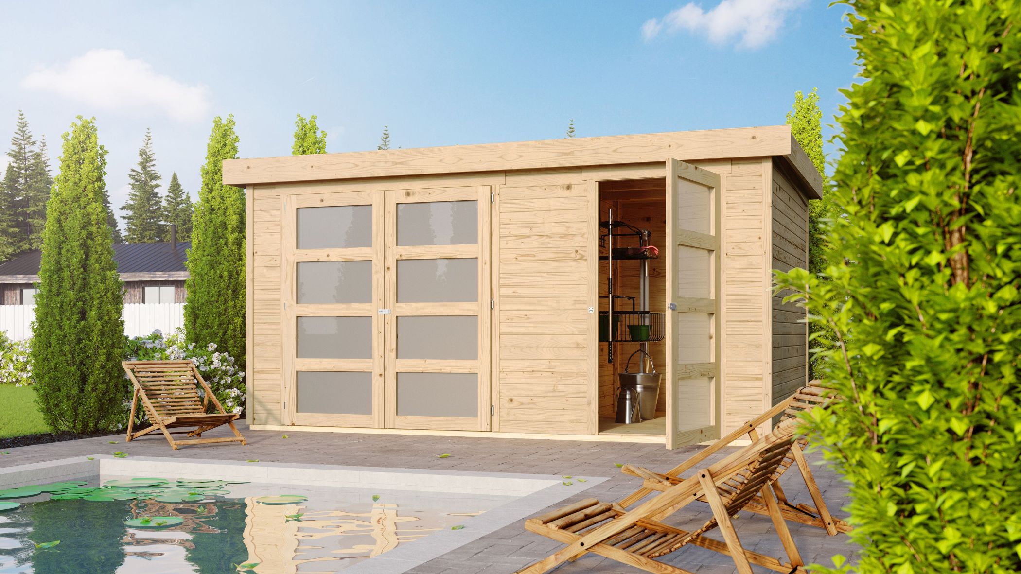 Karibu großes Gerätehaus Mühlentrup 1 in Naturbelassen im Garten