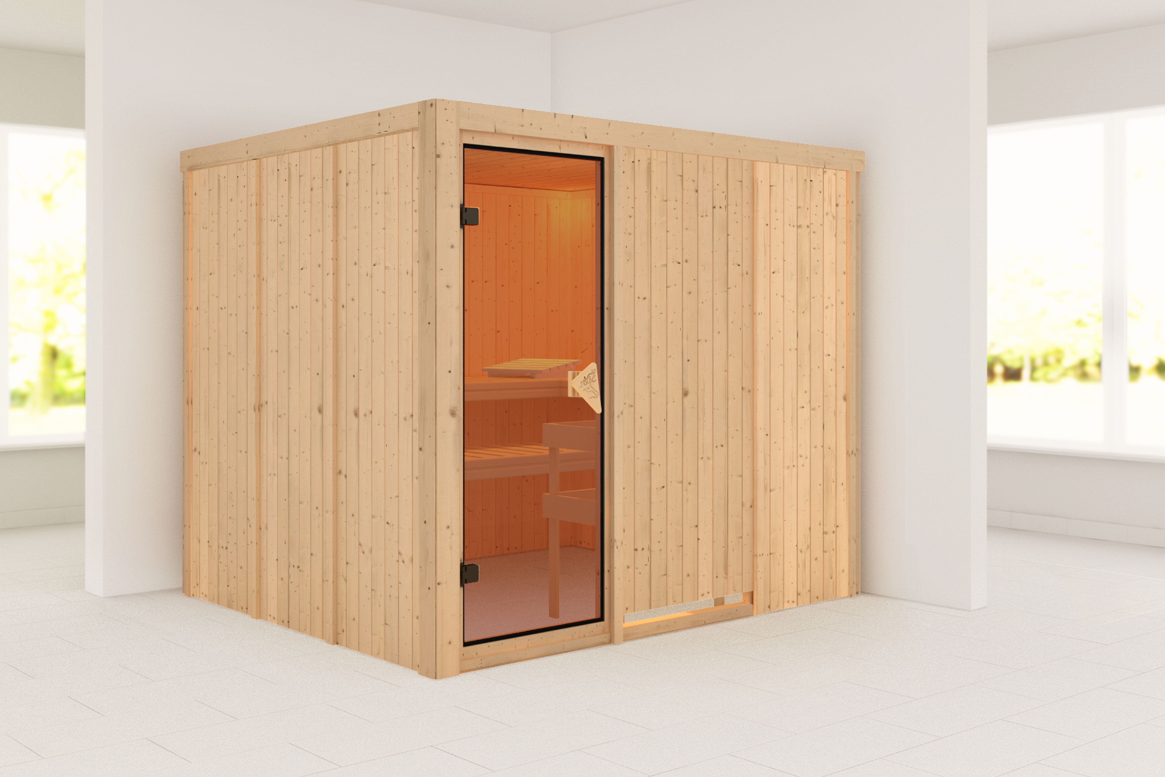 Außenansicht der Karibu Sauna Gobin aus nordischer Fichte mit bronzierter Ganzglastür und Fronteinstieg