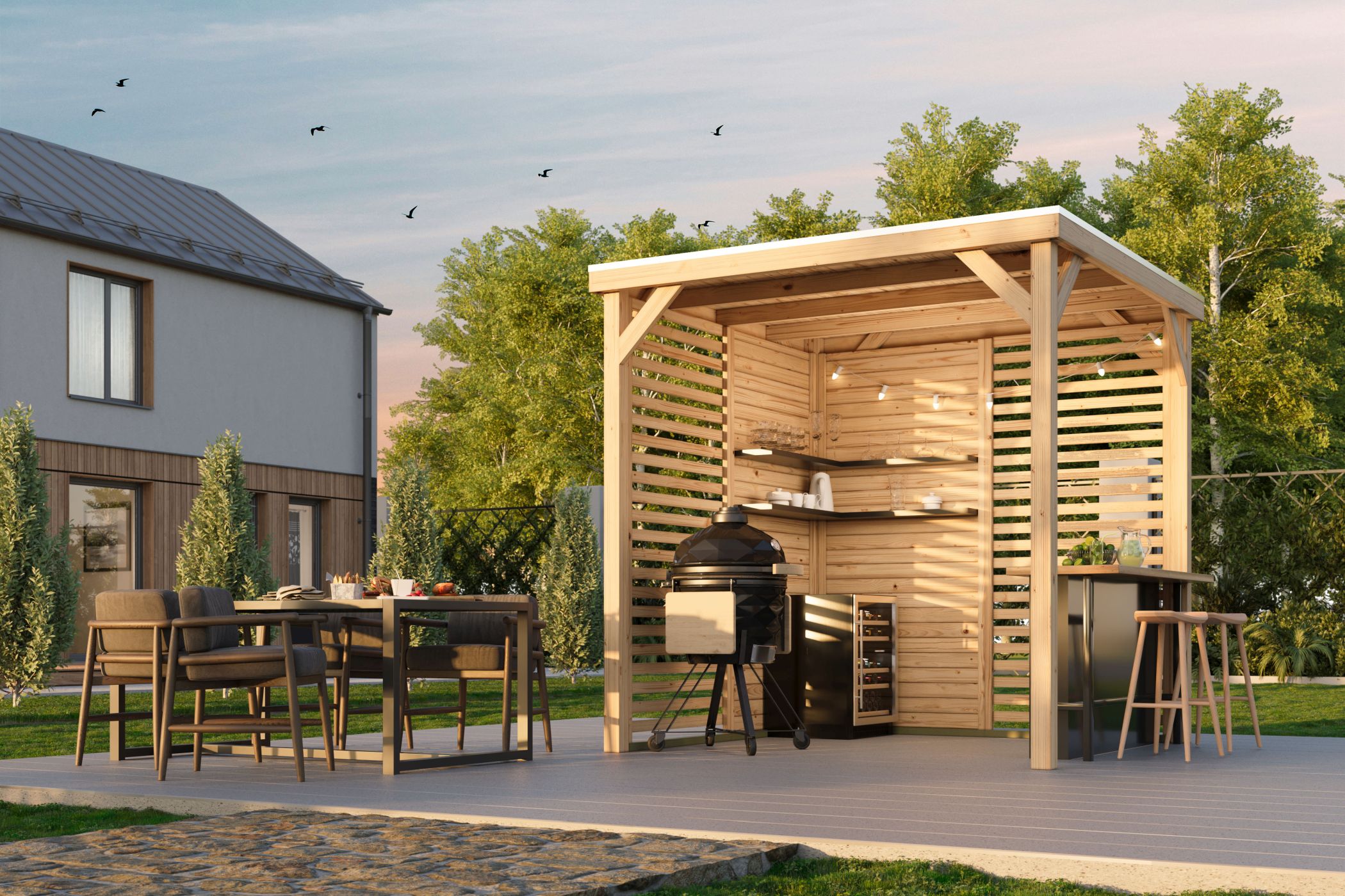 Karibu Cubeco Pavillon aus Leimholz mit Flachdach im Garten als Ambiente-Ansicht