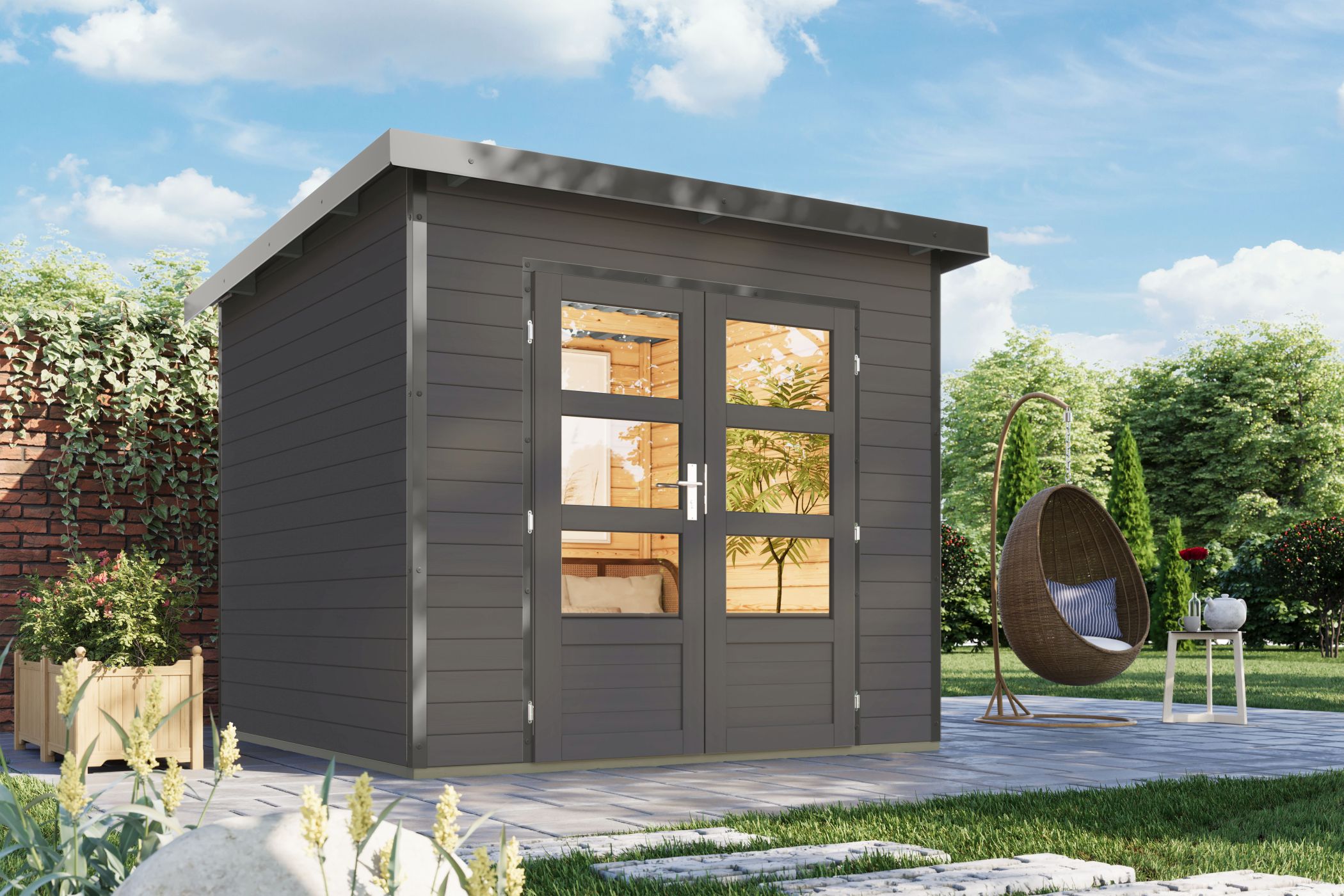 Karibu Gartenhaus Holz & Metall Pluto 3 in Terragrau mit Metall in Graualuminium im Garten