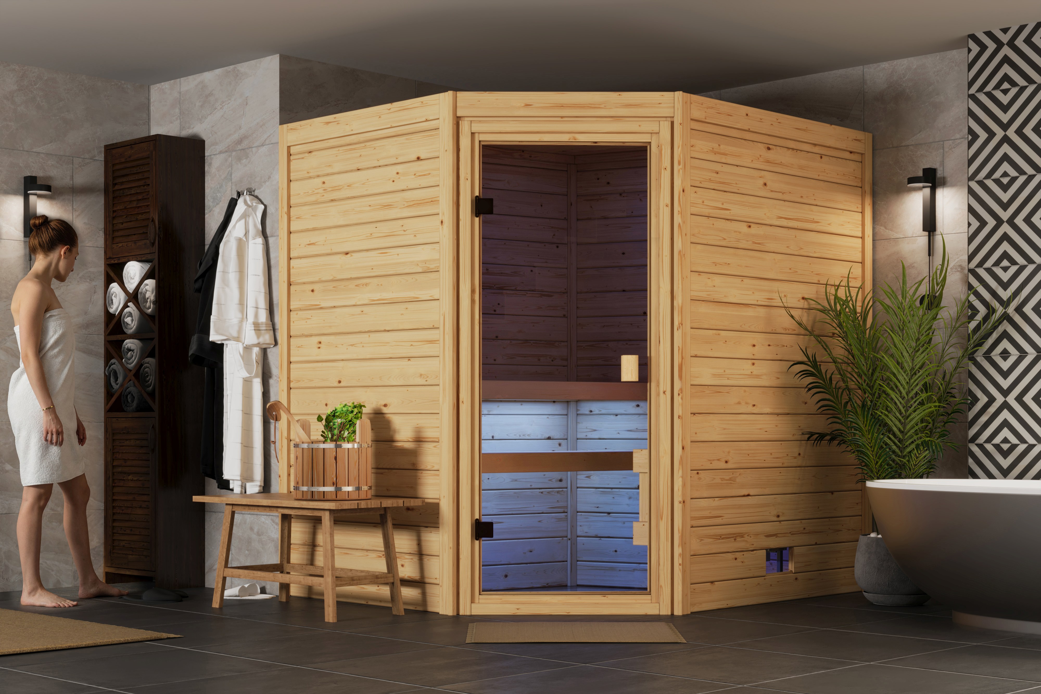 Karibu Sauna Ina als stimmungsvoller Wellnessbereich in einem modern eingerichteten Wohnraum