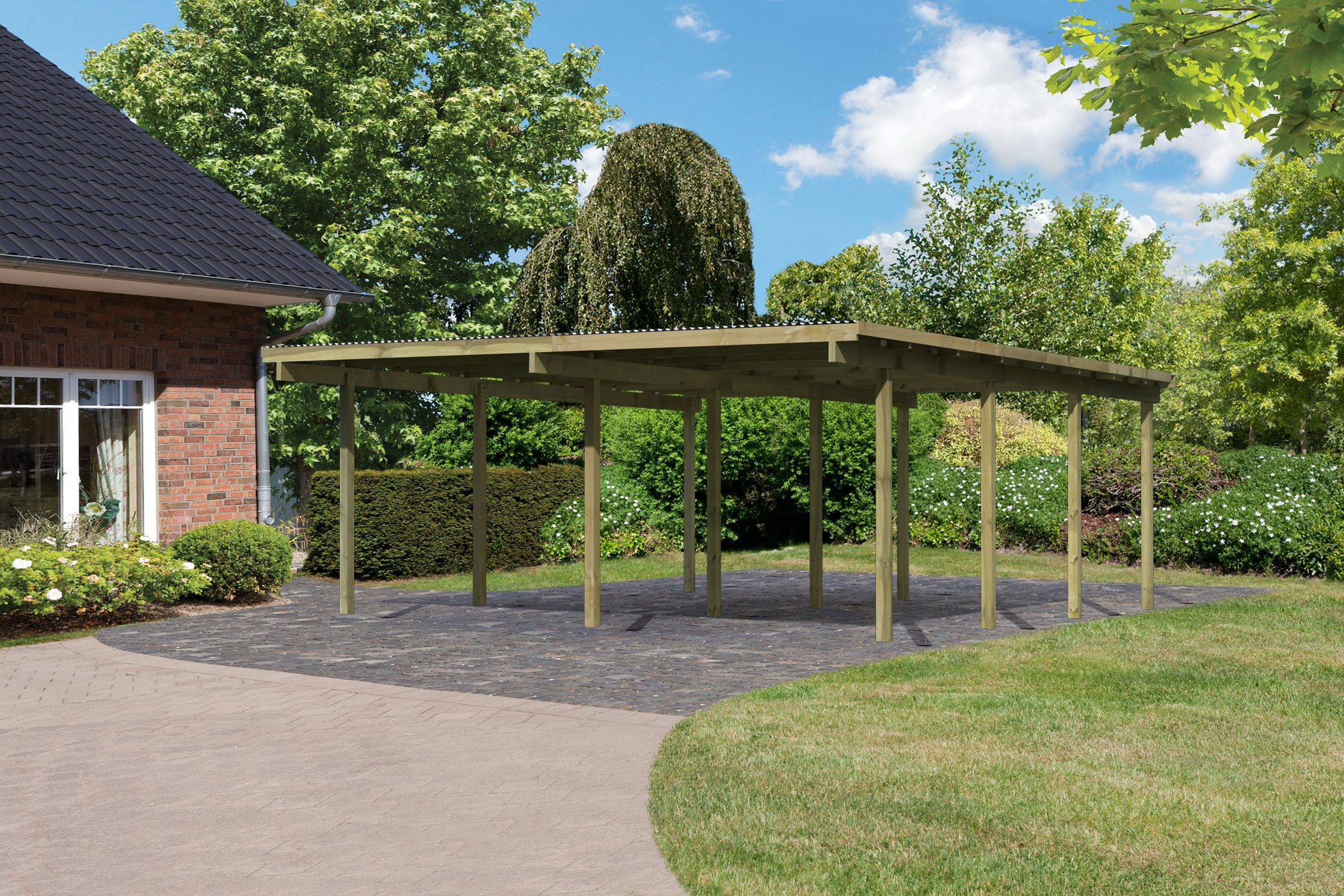 Karibu Doppelcarport BASIC 2 aus KDI-Massivholz mit grauem Flachdach frei im Garten aufgebaut