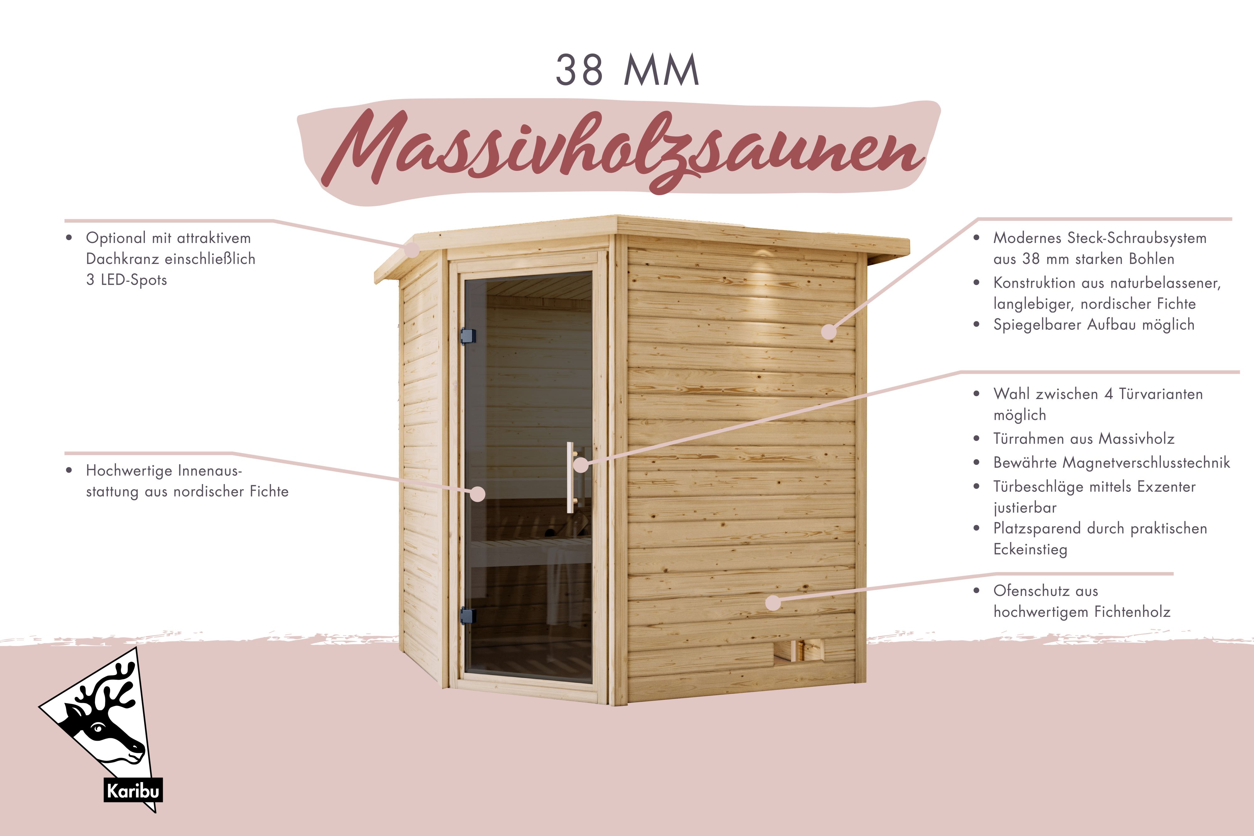 Außenansicht der Karibu Sauna Mia aus nordischer Fichte mit graphitfarbener Ganzglastür und Fronteinstieg