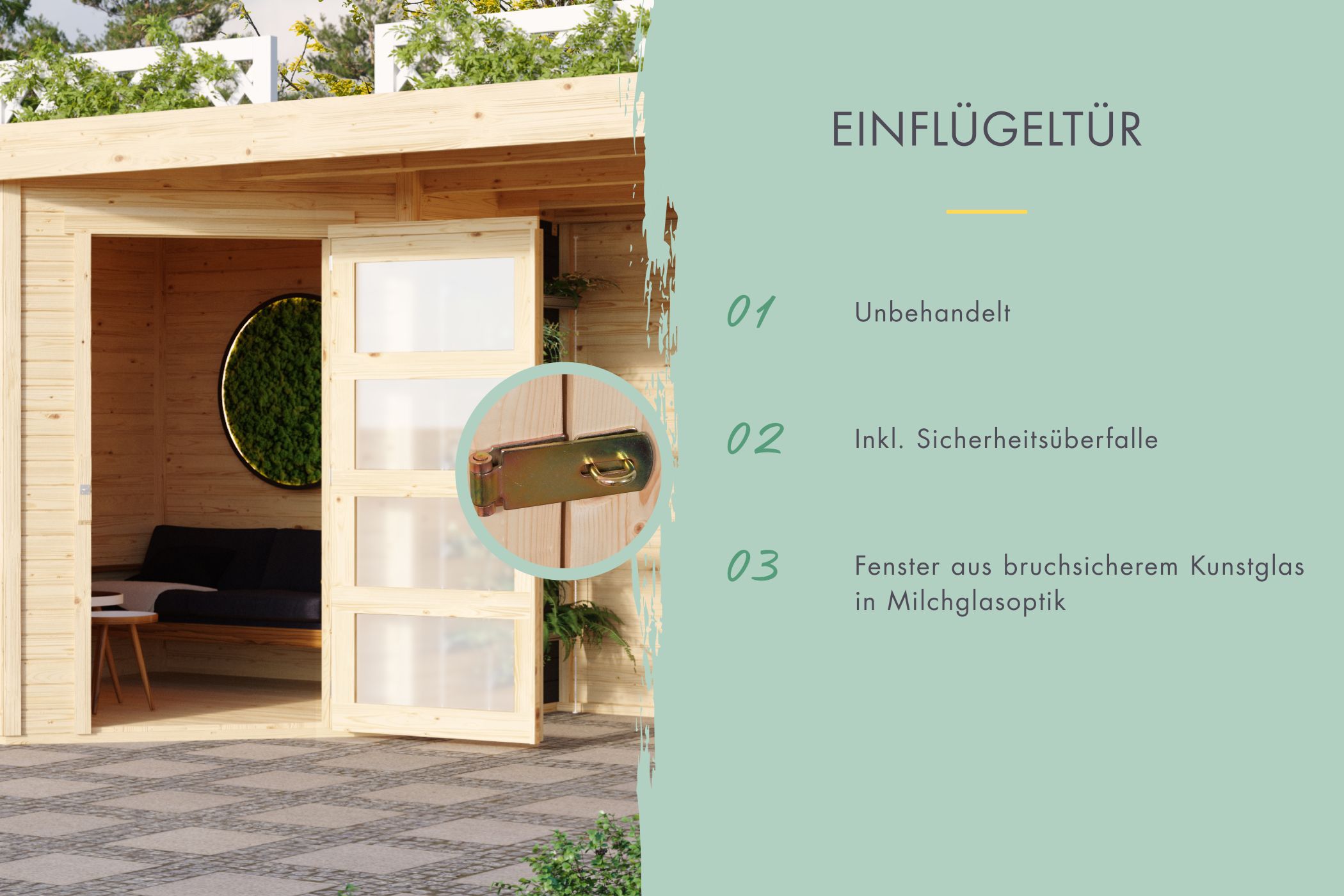 Doppelflügeltür des Karibu Gerätehaus Schwandorf 5 mit Zylinderschloss und Kunstglas
