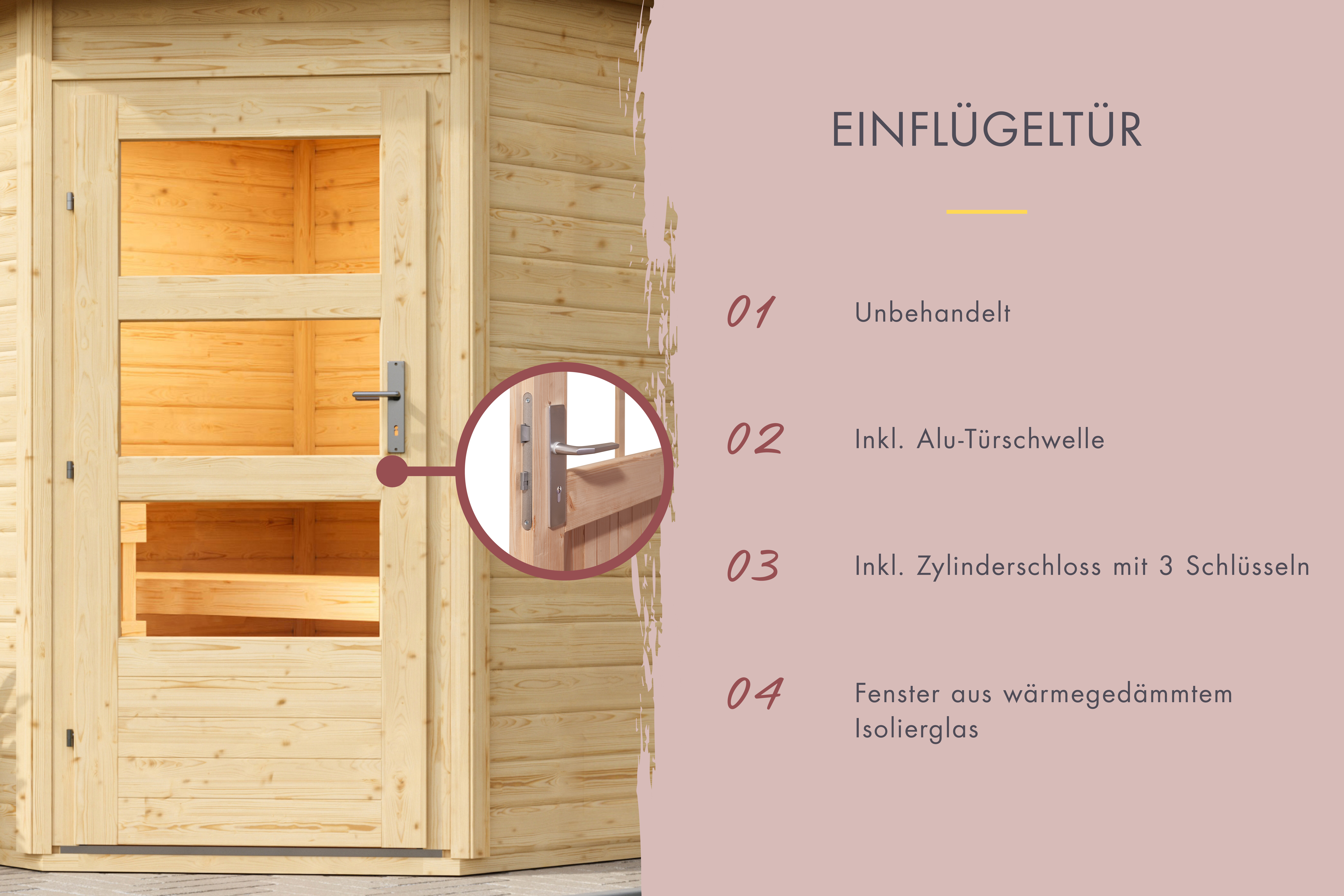 Produkt- und Ausstattungsdetail der Karibu Saunahaus Skrollan 3 mit Vorraum