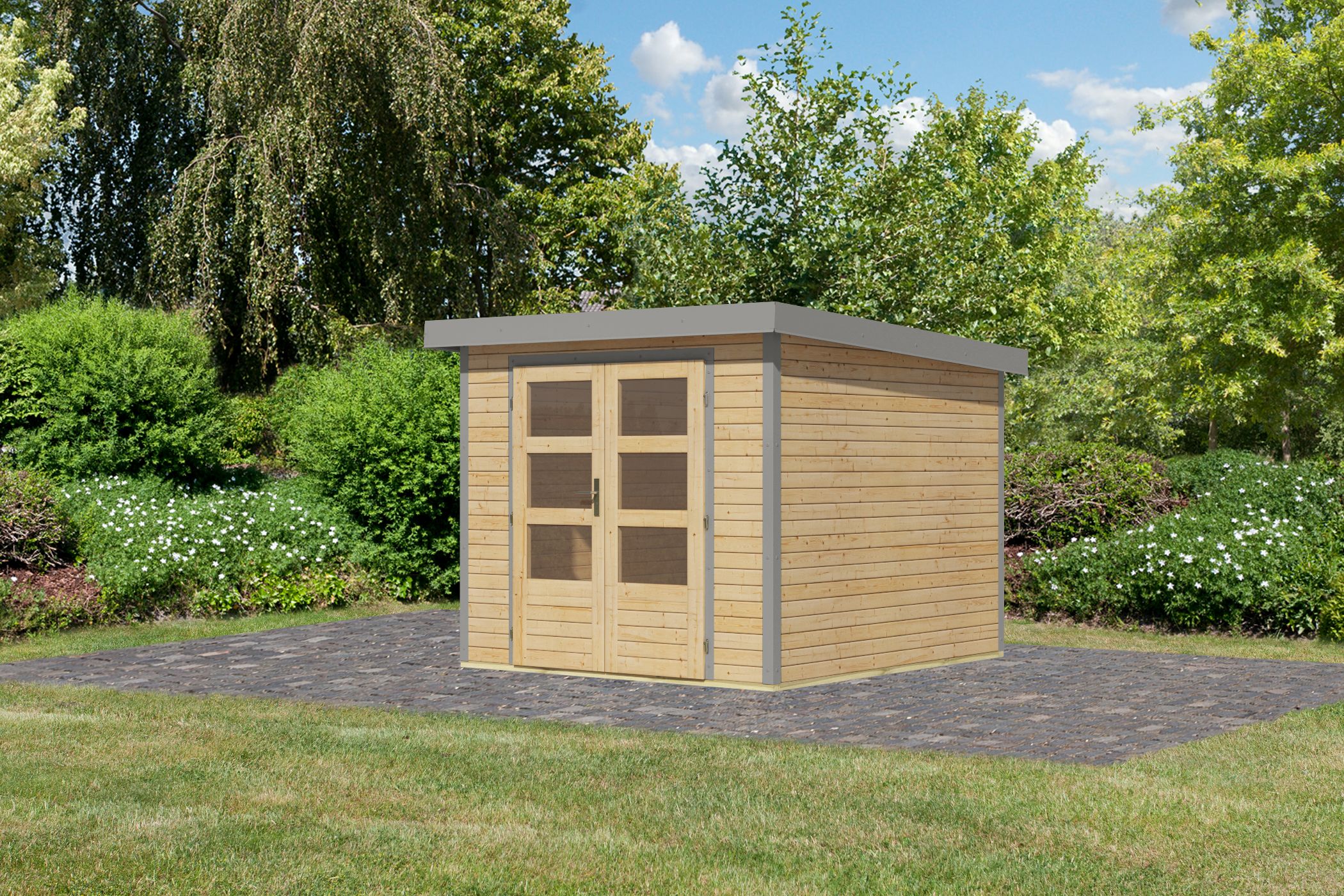 Karibu Gartenhaus Holz & Metall Jupiter 3,5 in Naturbelassen mit Metall in Graualuminium, Außenansicht