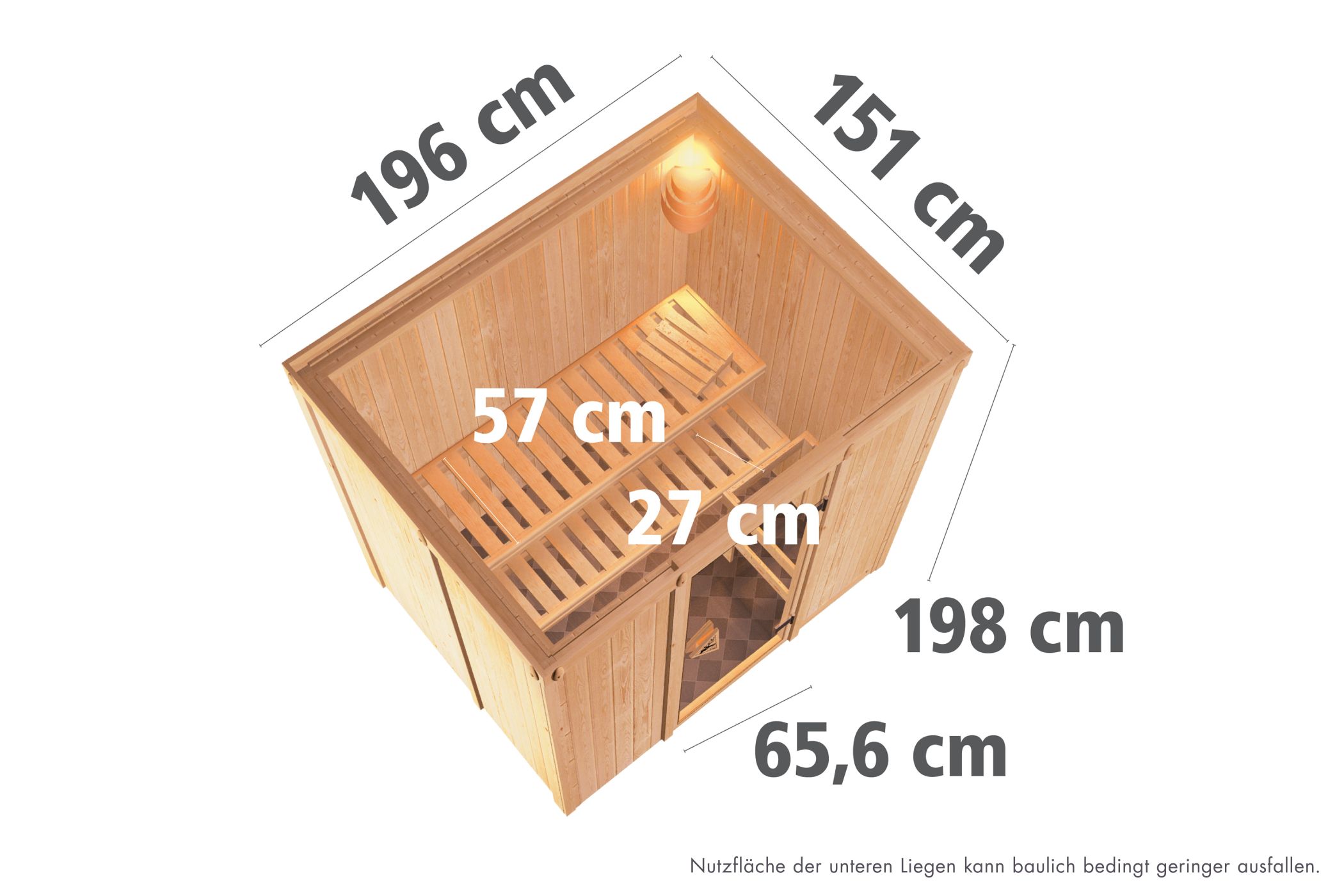 Maßzeichnung der Karibu Sauna Bodin Basismodell mit Außenmaß 196 × 151 cm und Höhe 198 cm