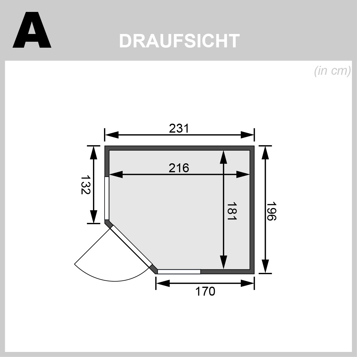 Bemaßte Draufsicht der Karibu Sauna Amelia 3 mit Grundriss und eingezeichnetem Türausschnitt