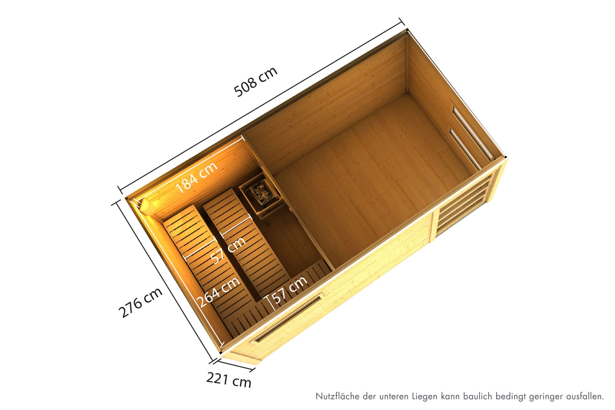 Maßzeichnung der Karibu Saunahaus Hygge mit Vorraum mit Außenmaß 508 × 276 cm und Höhe 221 cm