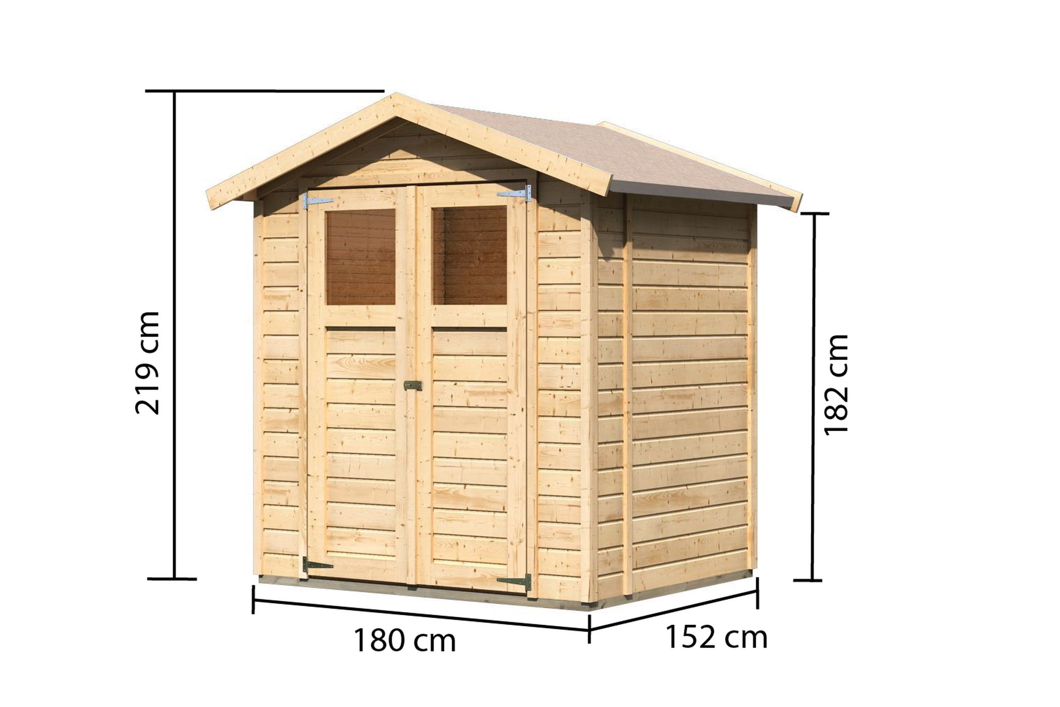 Maßzeichnung der Karibu kleines Gerätehaus Dahme 2 mit Bemaßung von Grundfläche und Höhe