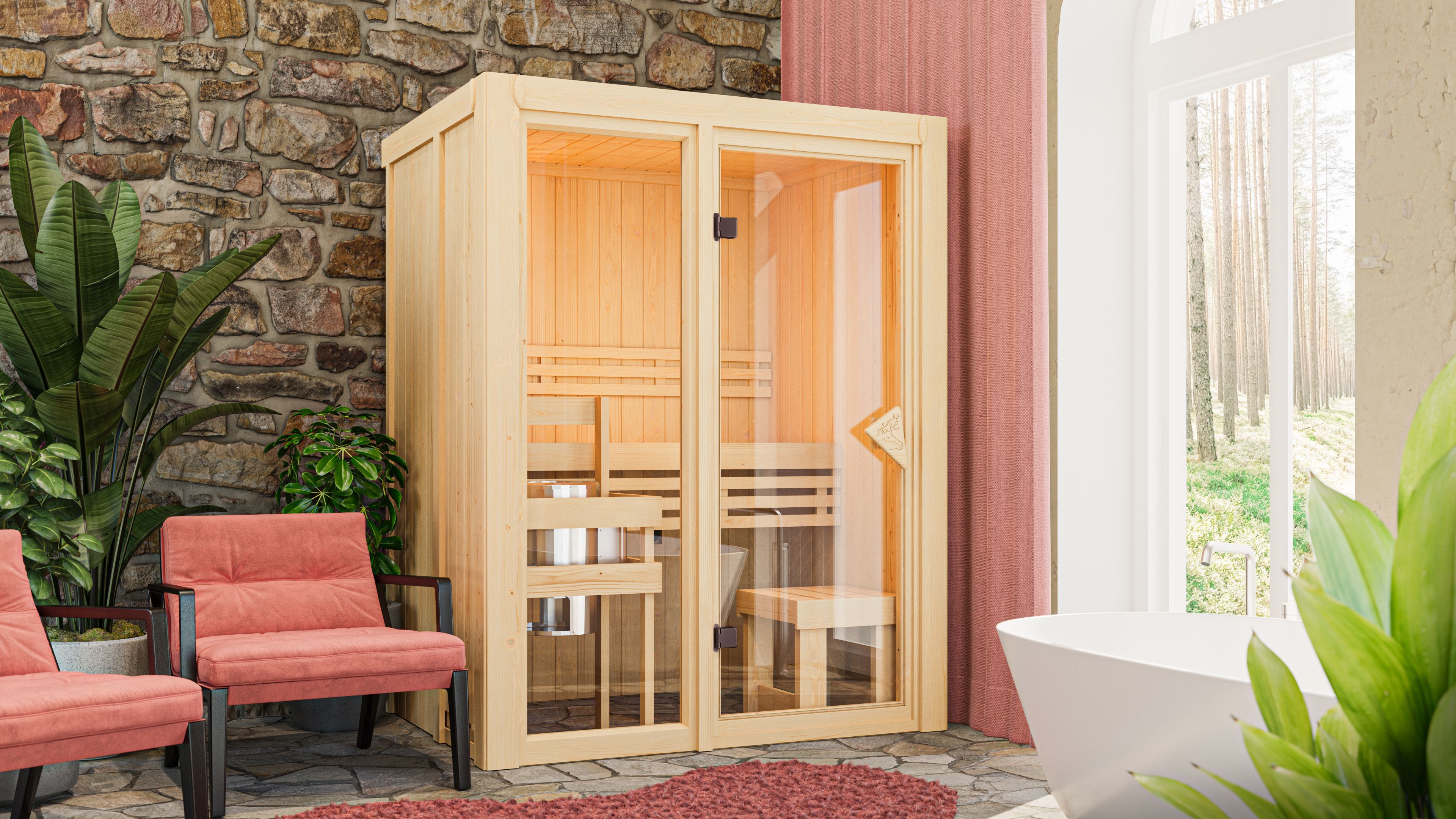 Karibu Sauna Avari 1 als hochwertige Sauna aus nordischer Fichte im Wohnraum-Ambiente