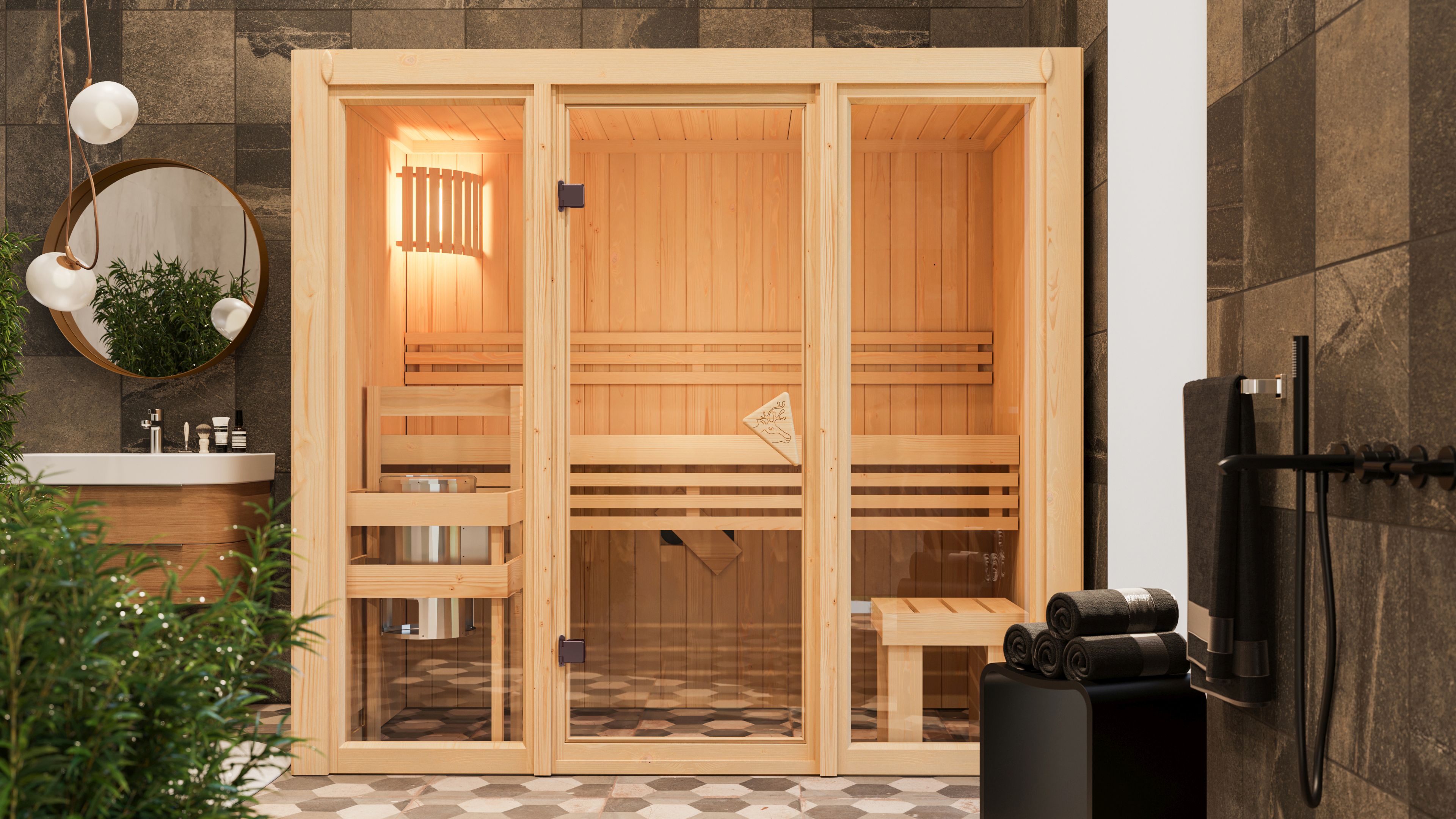 Karibu Sauna Avari 2 als hochwertige Sauna aus nordischer Fichte im Wohnraum-Ambiente