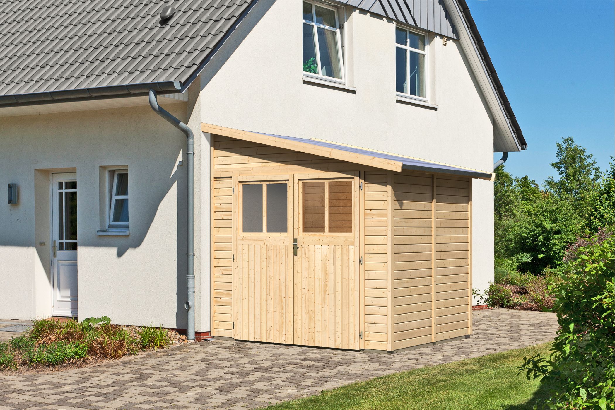 Karibu Gerätehaus Bomlitz 2 in Naturbelassen, Außenansicht