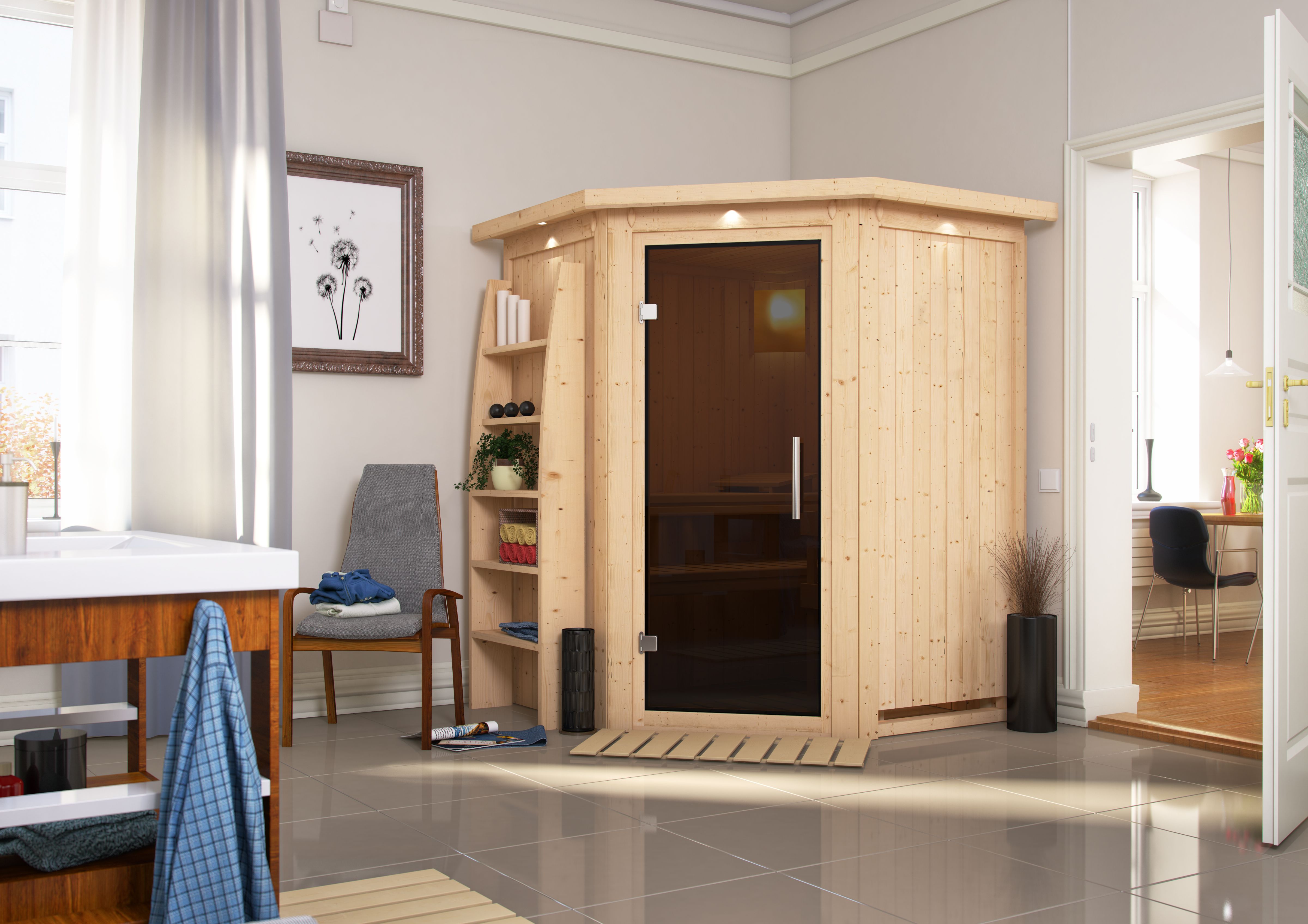 Karibu Sauna Larin als stimmungsvoller Wellnessbereich in einem modern eingerichteten Wohnraum