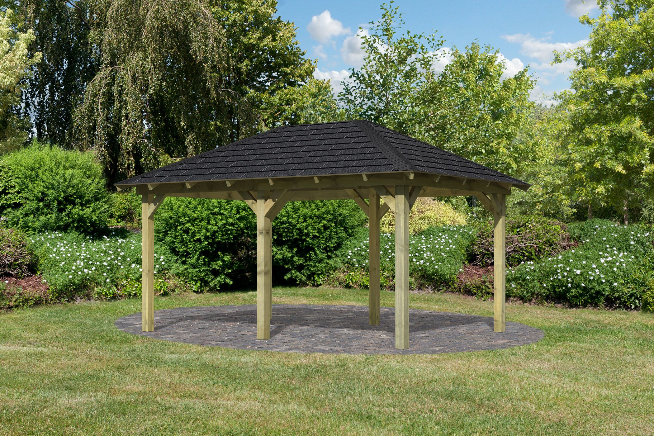 Außenansicht des Karibu Pavillon Perida aus KDI-Massivholz mit Walmdach im Garten aufgebaut