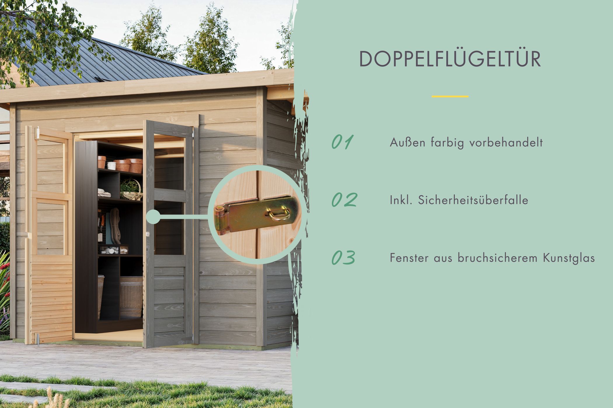 Doppelflügeltür des Karibu Gerätehaus Merseburg 3 mit Zylinderschloss und Kunstglas