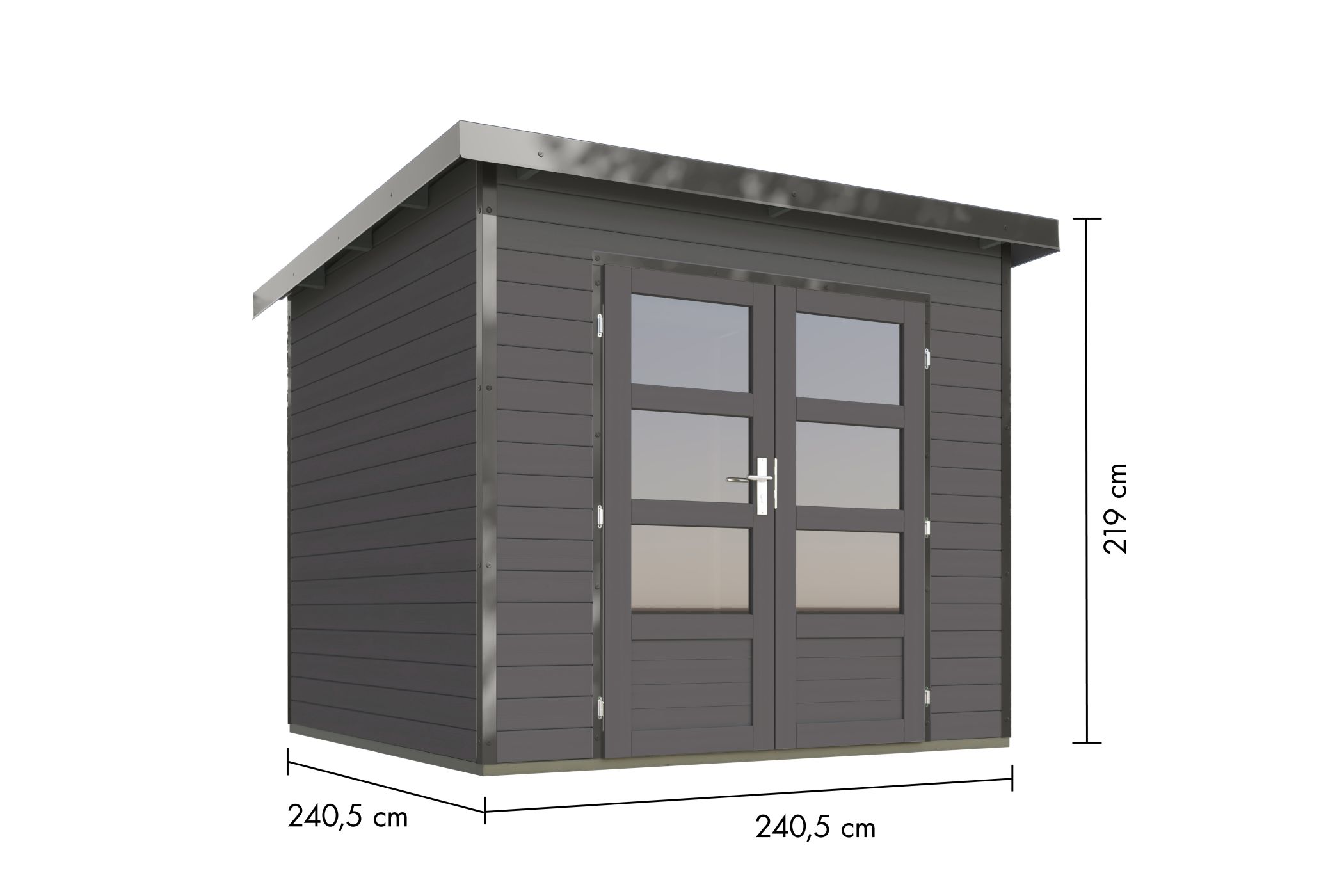 Bemaßte Maßzeichnung des Karibu Gartenhaus Holz & Metall Pluto 3, 240 × 240 cm