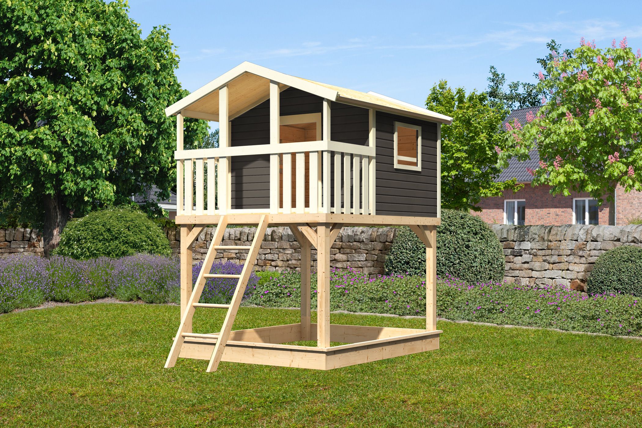 Karibu Stelzenhaus Benjamin aus Holz, im Garten aufgebaut
