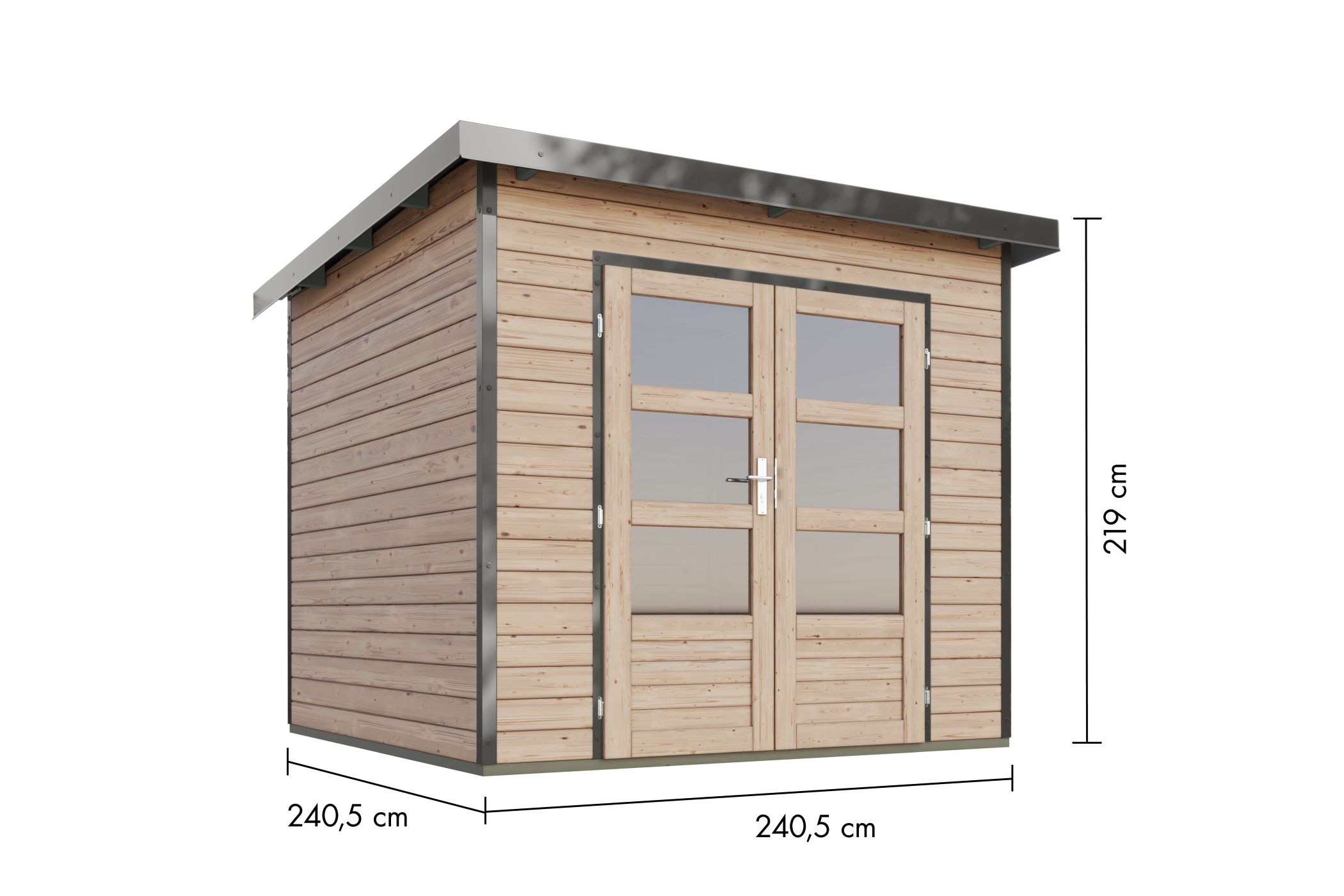 Bemaßte Maßzeichnung des Karibu Gartenhaus Holz & Metall Pluto 3, 240 × 240 cm