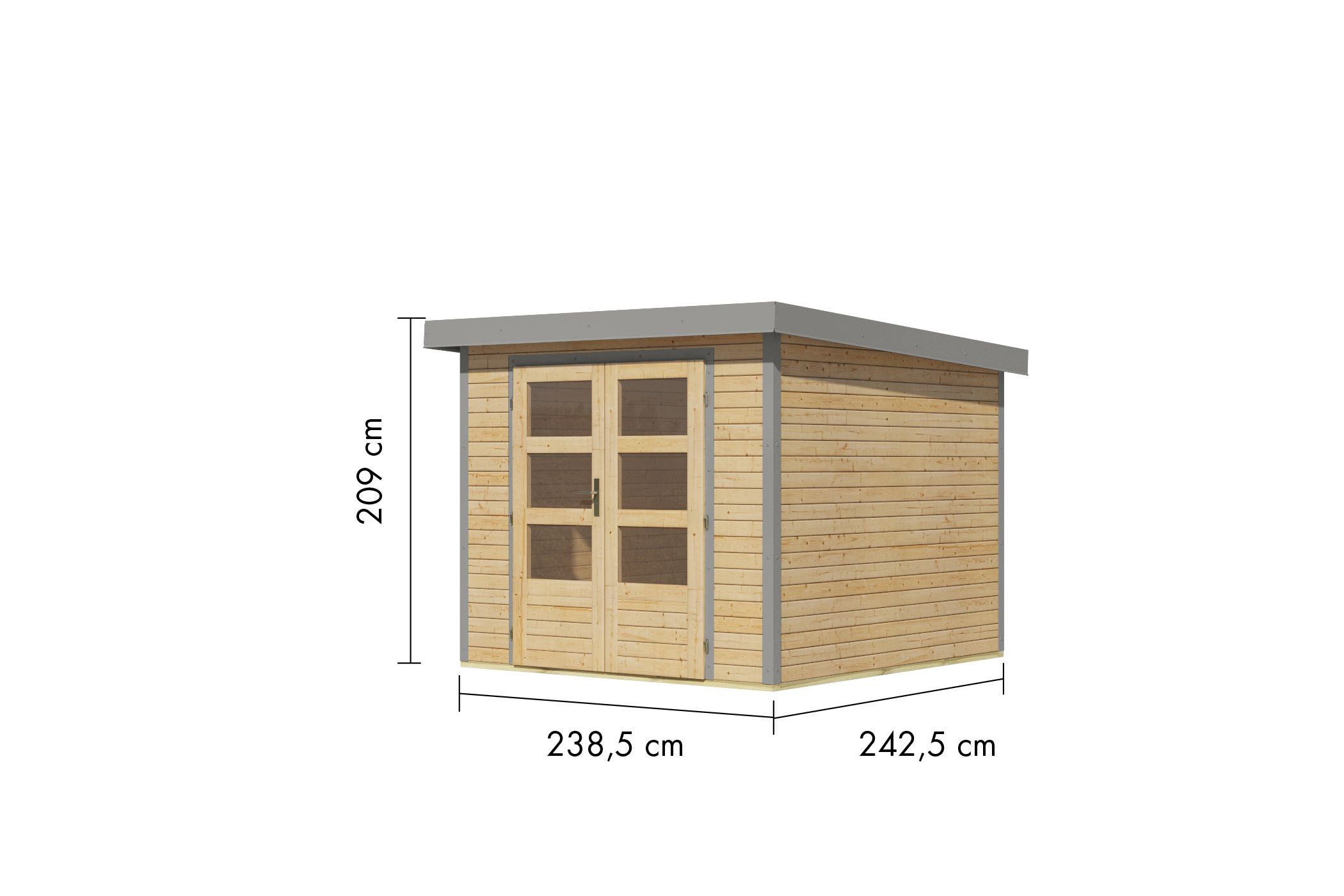 Bemaßte Maßzeichnung des Karibu Gartenhaus Holz & Metall Jupiter 3,5, 239 × 243 cm