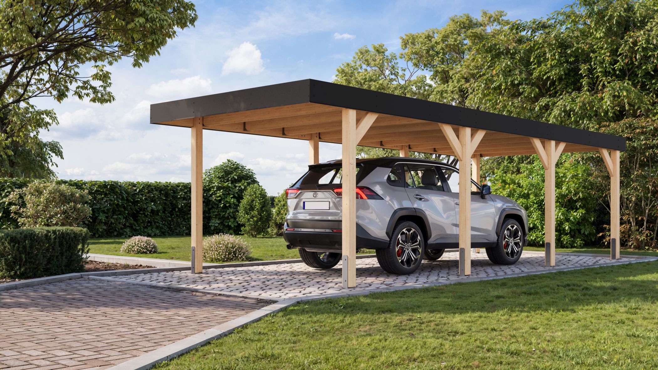 Karibu Einzelcarport Leimholz 2 aus Leimholz mit Flachdach im Garten aufgebaut