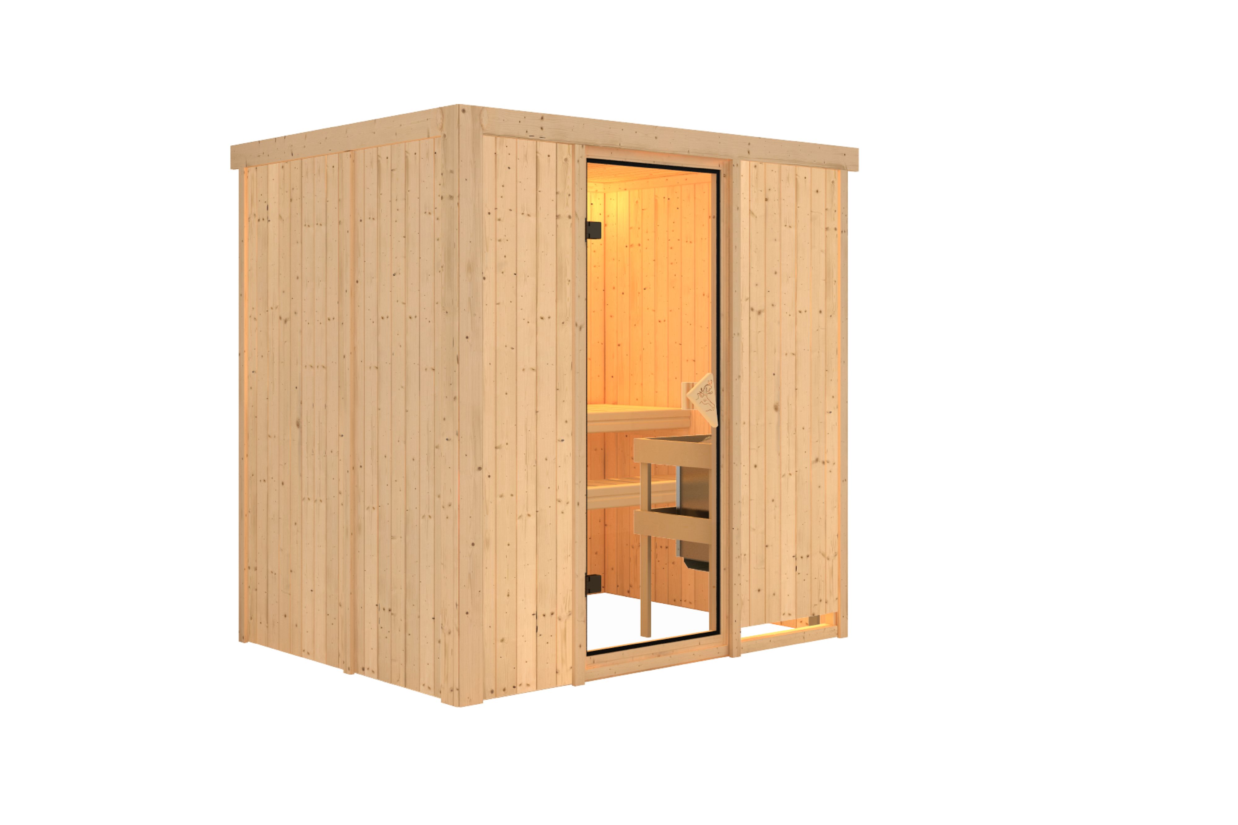 Innenansicht der Karibu Sauna Bodin mit Liegen und Kopfstütze aus hellem Espenholz