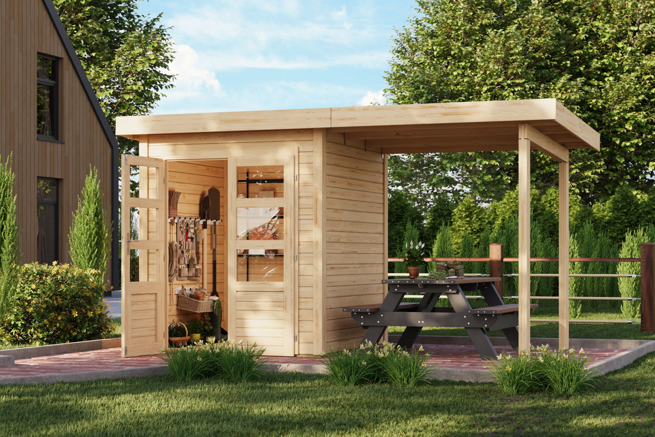 Karibu Gartenhaus Kolbin 1 XXL in Naturbelassen im Garten