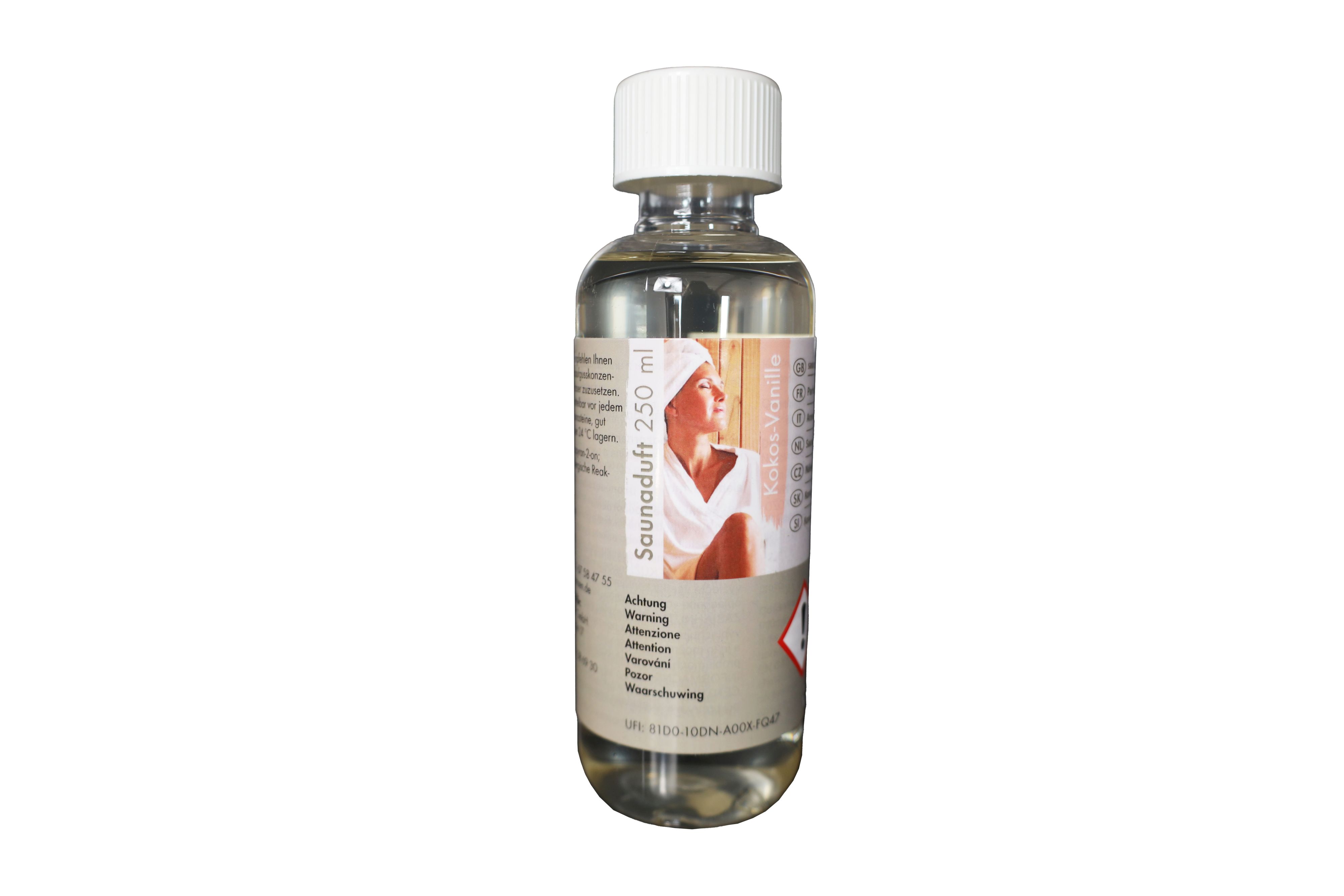 Karibu Saunaduft Kokos Vanille 250ml / Lagerabverkauf aus Holz, freigestellt