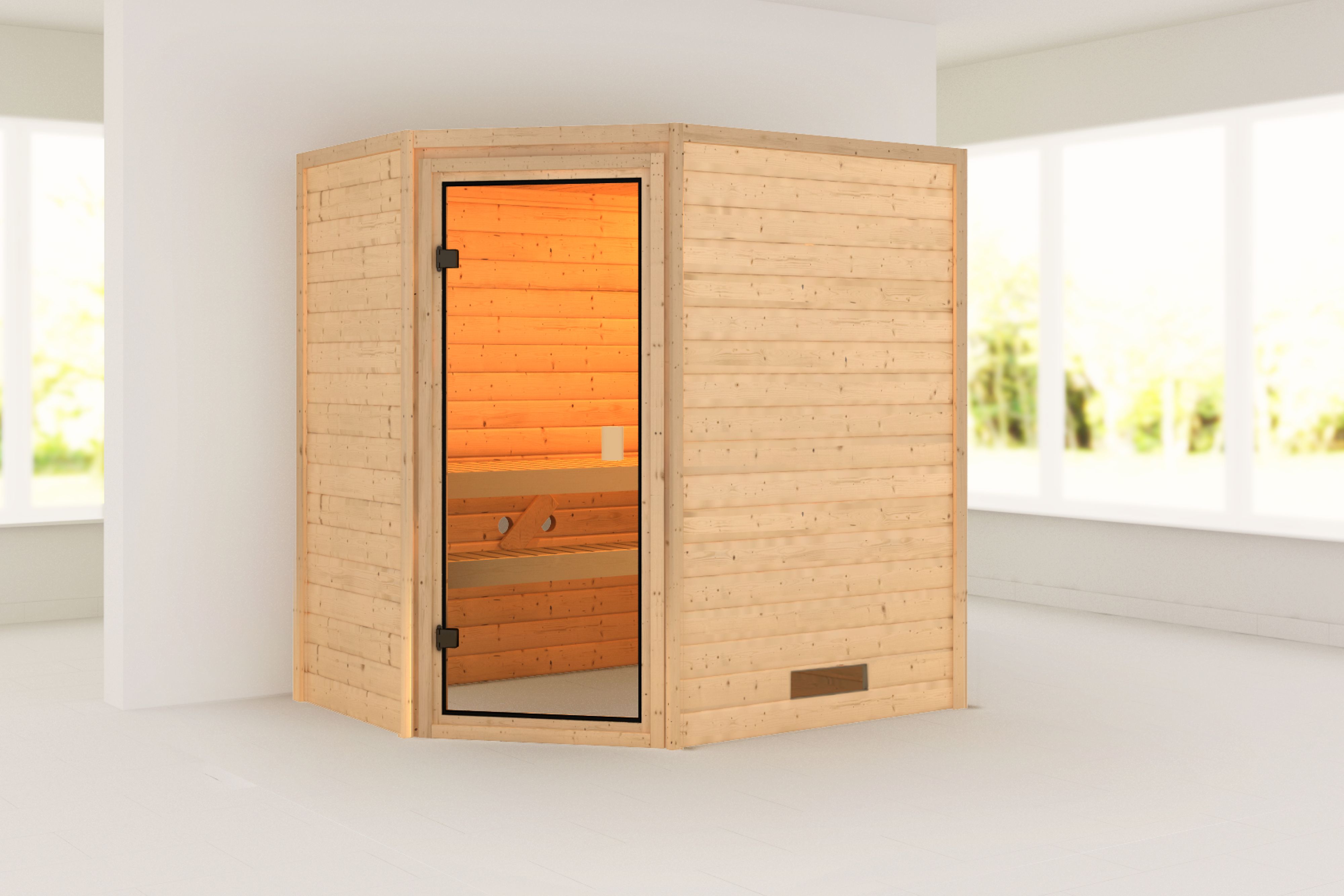 Außenansicht der Karibu Sauna Valida 2 Eckeinstieg aus nordischer Fichte mit Ganzglastür und Fronteinstieg