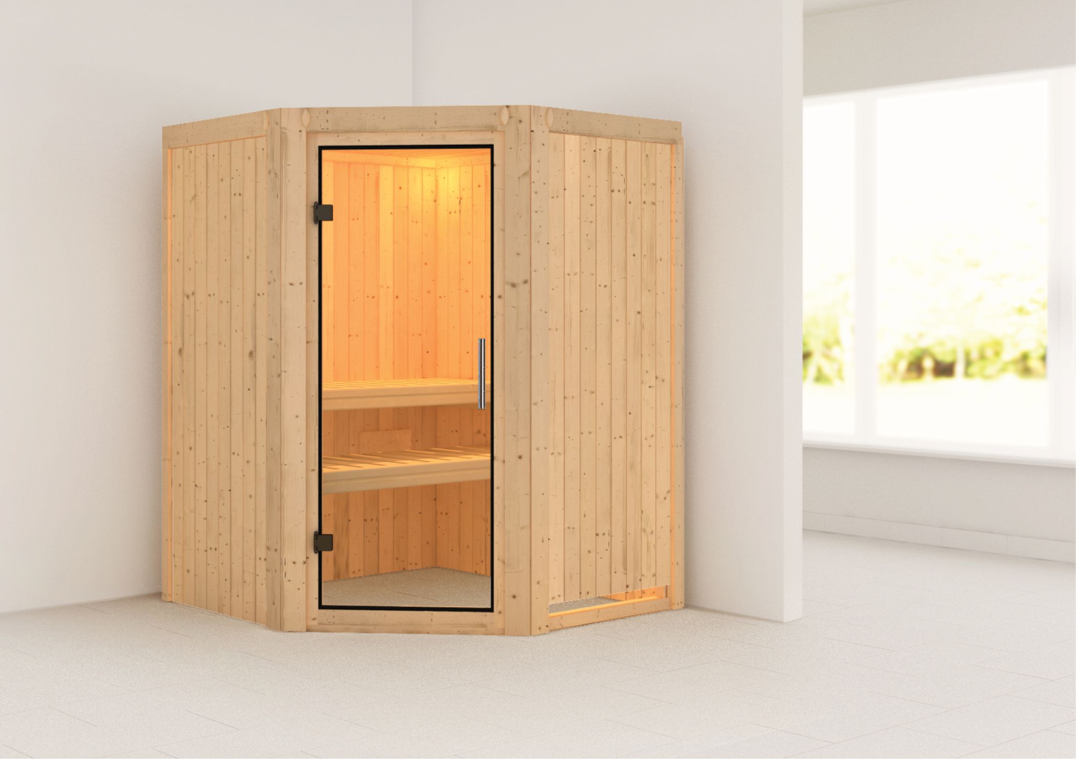 Außenansicht der Karibu Sauna Nanja aus nordischer Fichte mit Klarglas-Ganzglastür und Fronteinstieg