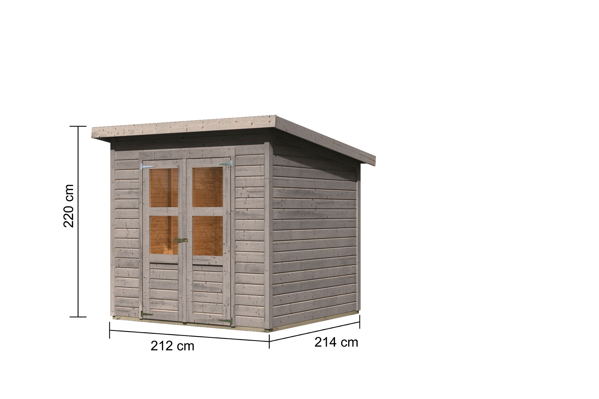 Bemaßte Maßzeichnung des Karibu Gerätehaus Merseburg 4, 212 × 214 cm
