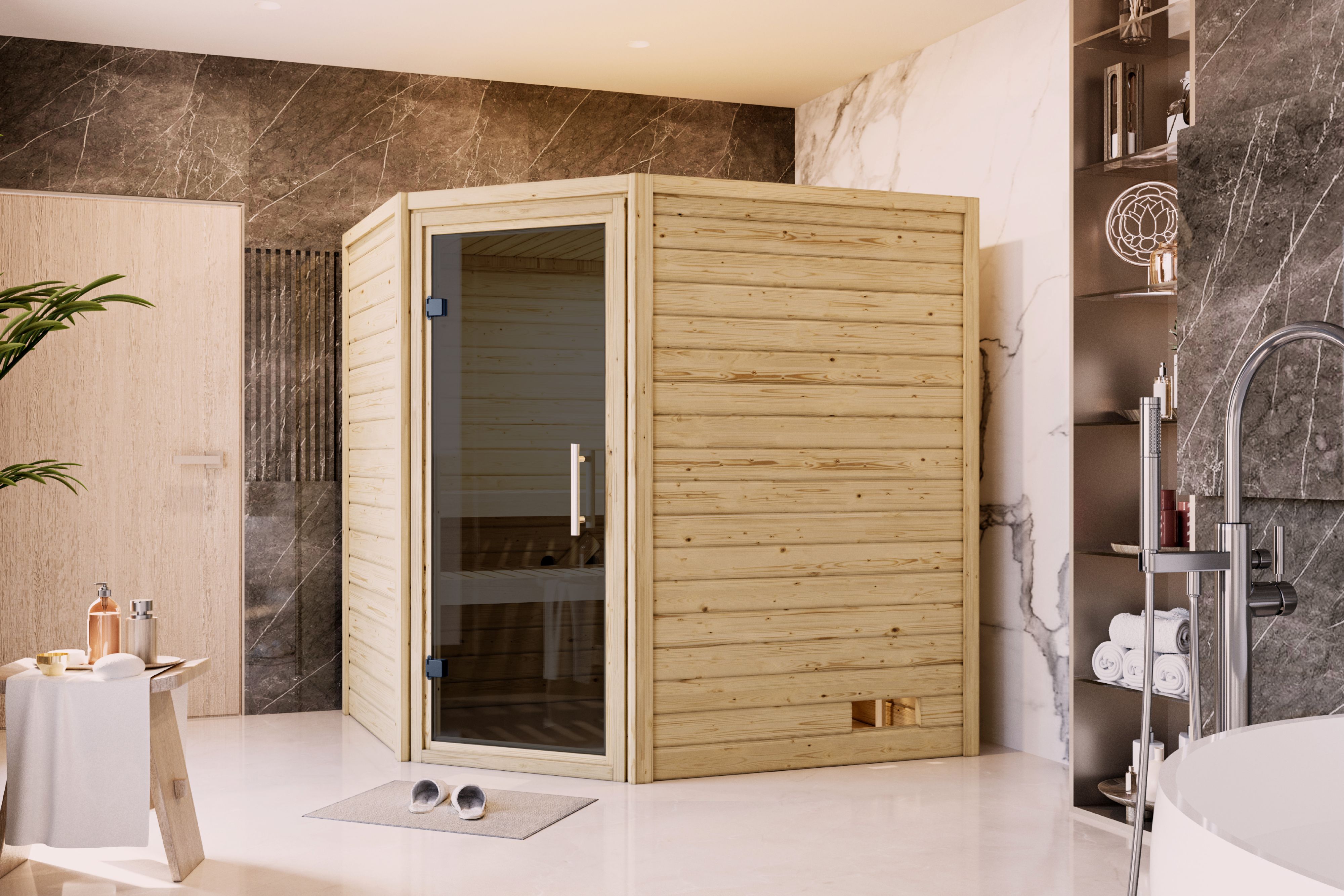 Karibu Sauna Mia als hochwertige Sauna aus nordischer Fichte im Wohnraum-Ambiente