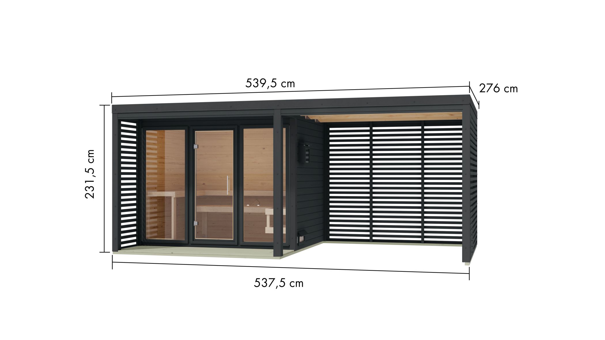 Produkt- und Ausstattungsdetail der Karibu Saunahaus Ares 3 mit 2,70 m Anbaudach