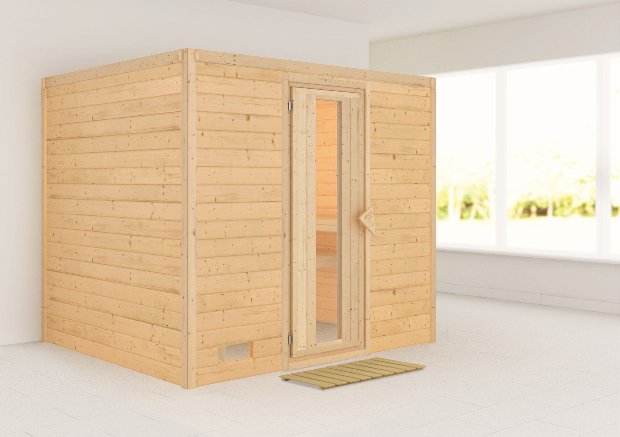 Außenansicht der Karibu Sauna Sonara aus nordischer Fichte mit isolierter Holztür und Fronteinstieg