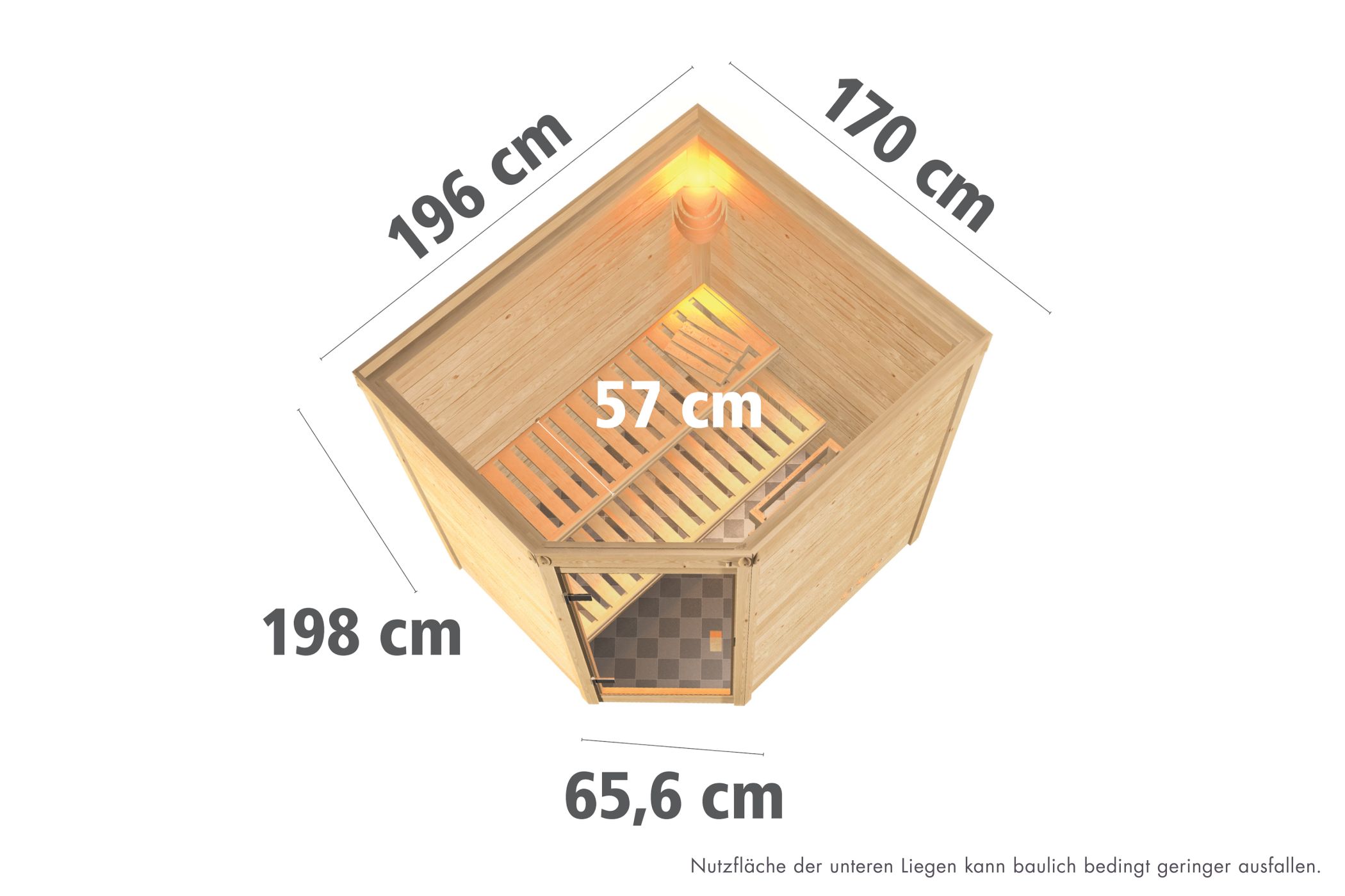Maßzeichnung der Karibu Sauna Mia mit Außenmaß 196 × 170 cm und Höhe 198 cm