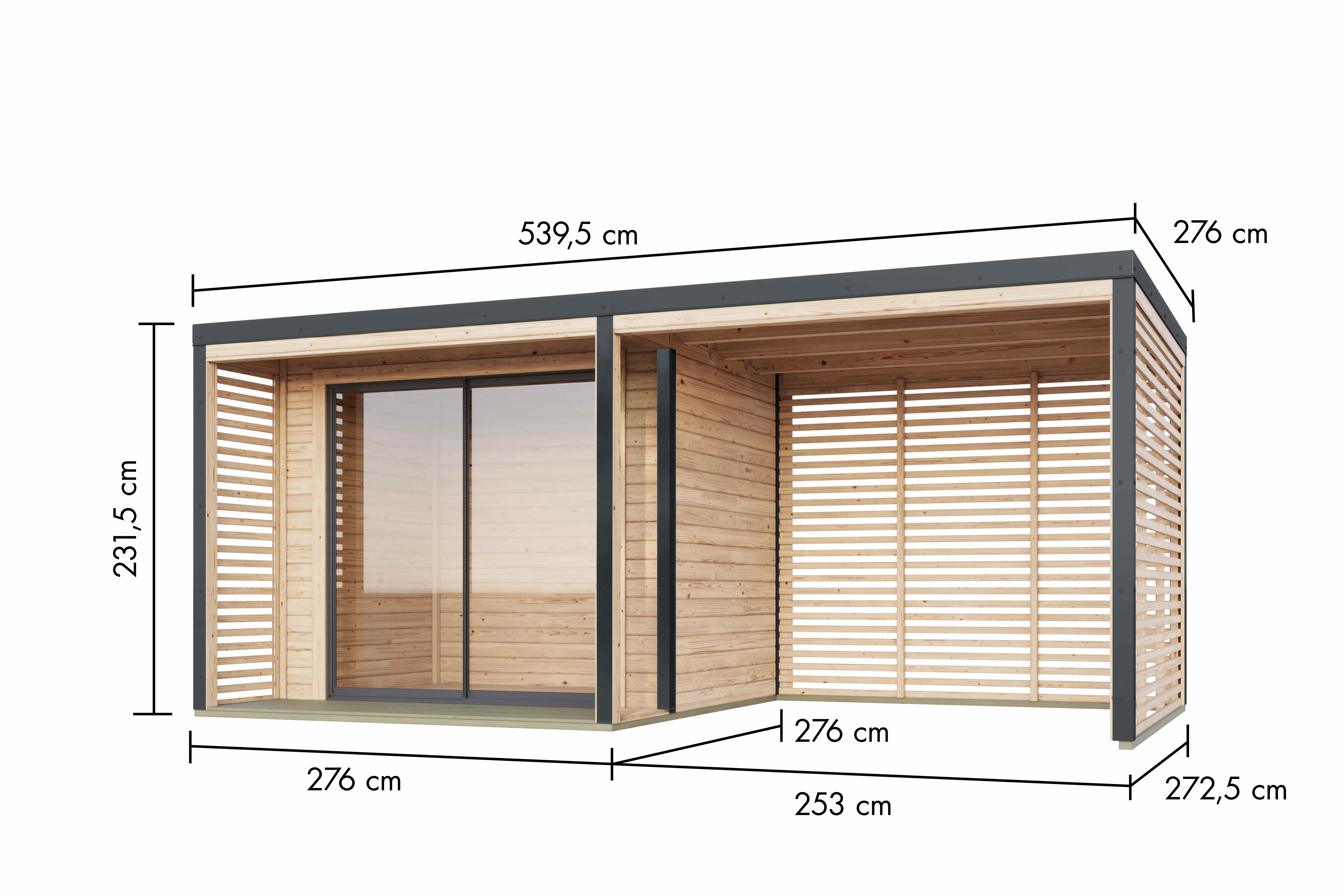 Bemaßte Maßzeichnung des Karibu Gartenhaus Holz & Metall Saturn mit Anbaudach, 540 × 276 cm
